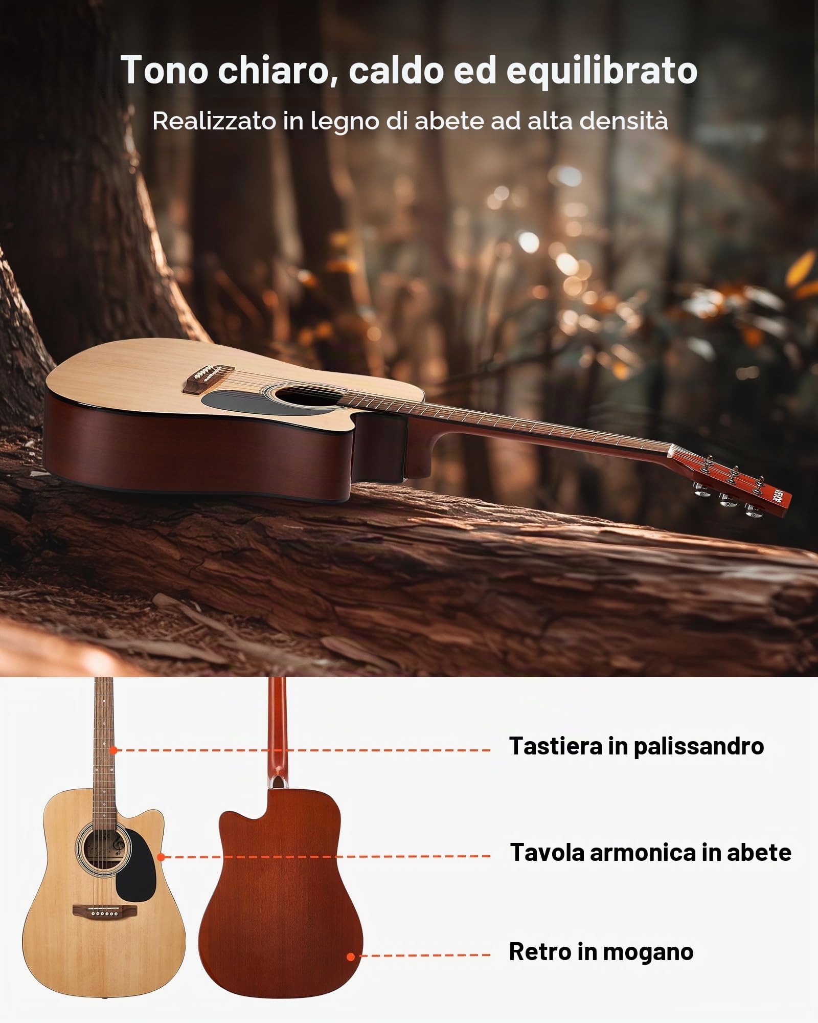 VEVOR Chitarra Acustica Cutaway da 1041,4 mm Chitarra Acustica a 6 Corde con Tavola Armonica in Abete Massello Naturale, Custodia Morbida, Accordatore, Tracolla, Corde in Acciaio, Plettri, Capotasto