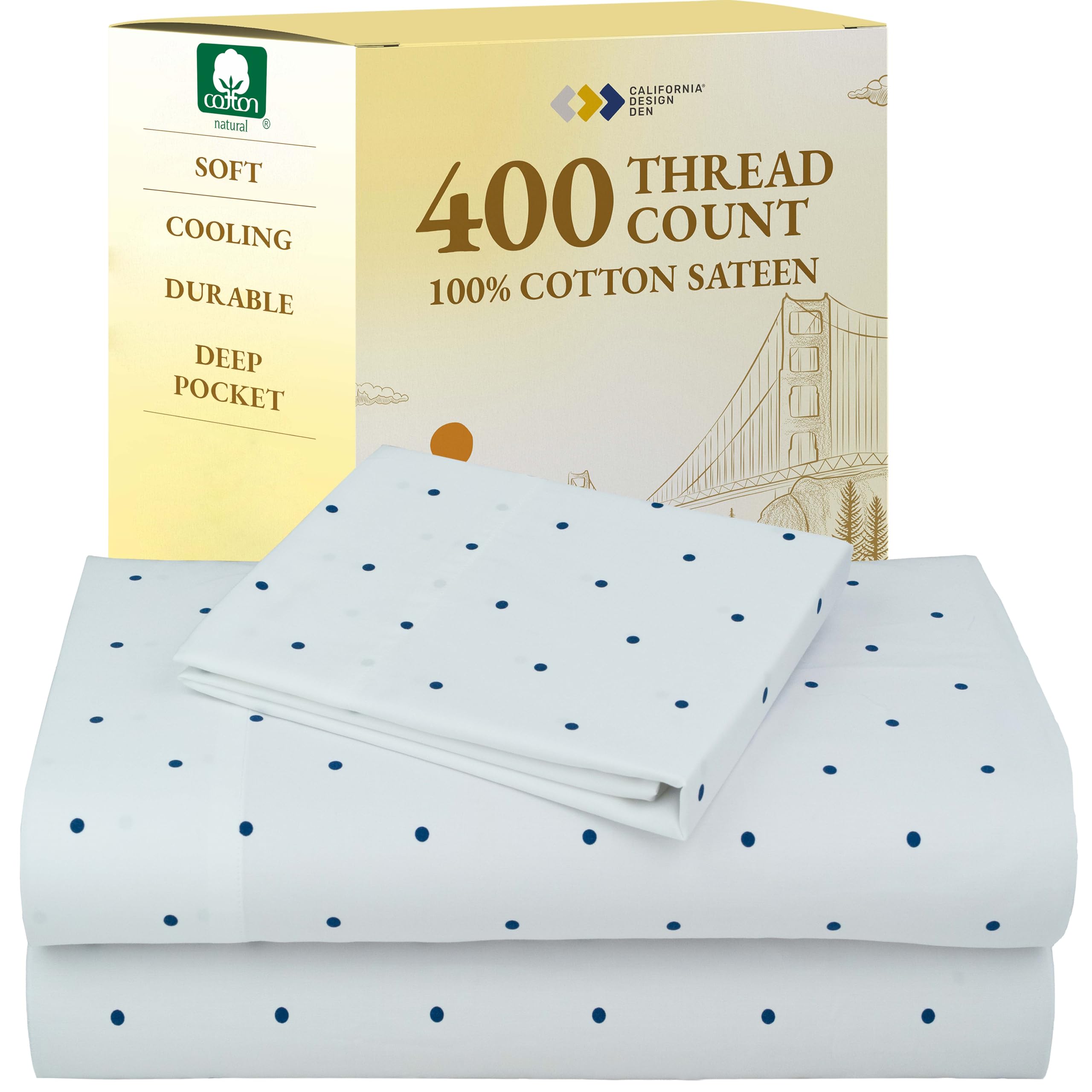California Design Den Printed Twin XL Sheet Sets - 400 Thread Count Sateen, Natural 100% Cotton Sheets, Deep Pockets, and Durable Bedding Set - Polka