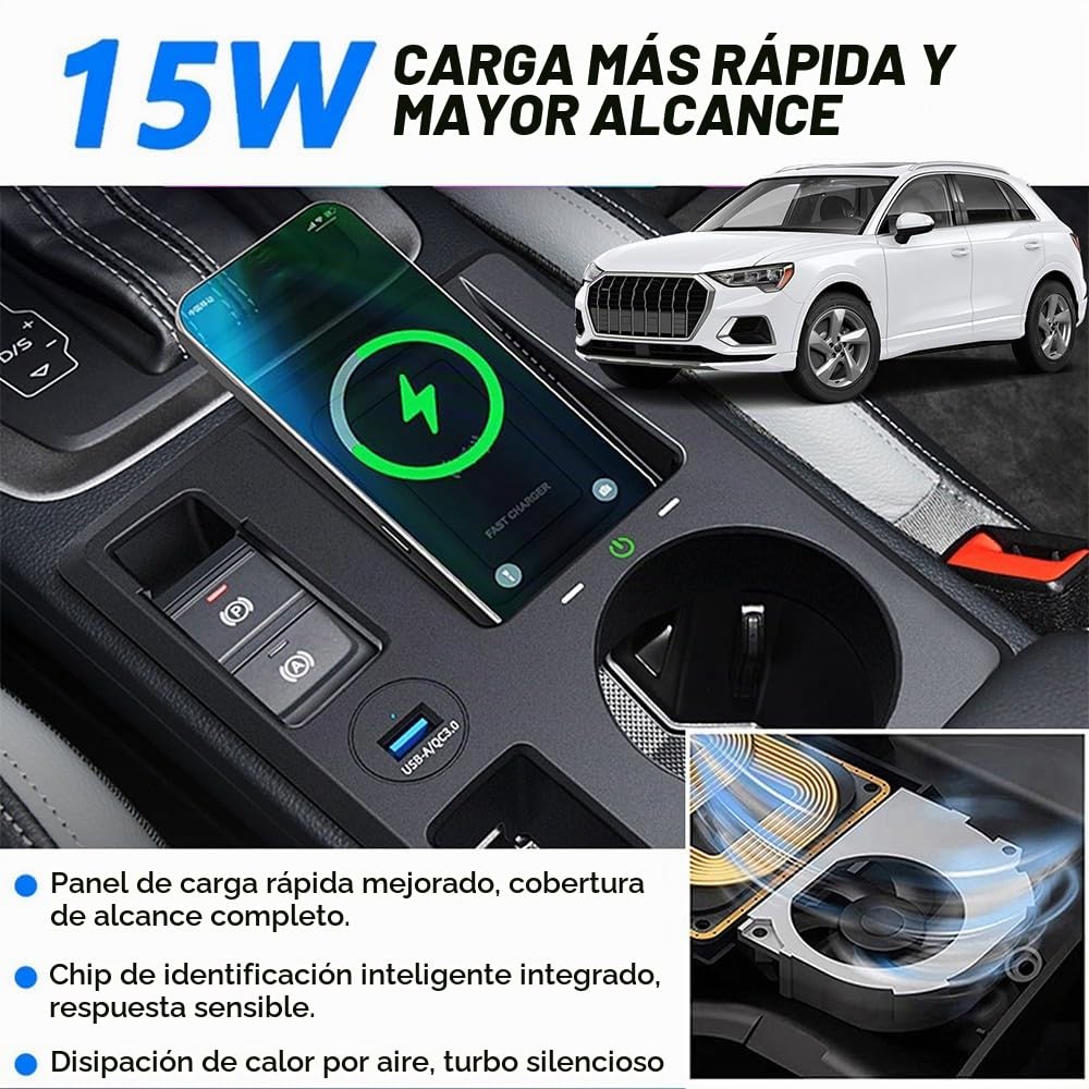 Cargador de Coche Inalámbrico para Audi Q3 Sportback RS Q3 2019-2024, Organizador de Consola Central Multifuncional con QC3.0 USB Carga Rápida Coche Teléfono Cargador para Audi Q3 Accesorios
