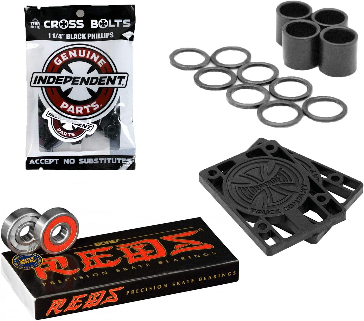 INDEPENDENT Bones Reds Skateboard Bearings with 1/4" Risers and 1.25" Phillips Mounting Hardware