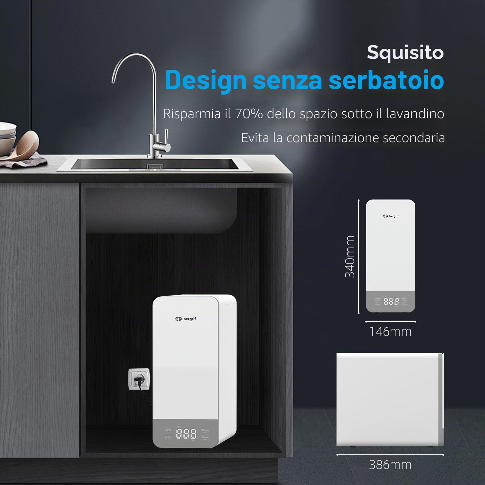 Ibergrif M91008-600 Sistema di osmosi inversa sotto il Lavello, senza serbatoio, Filtrazione profonda a 5 stadi, Riduce TDS, PFAS, Installazione rapida, Bianco