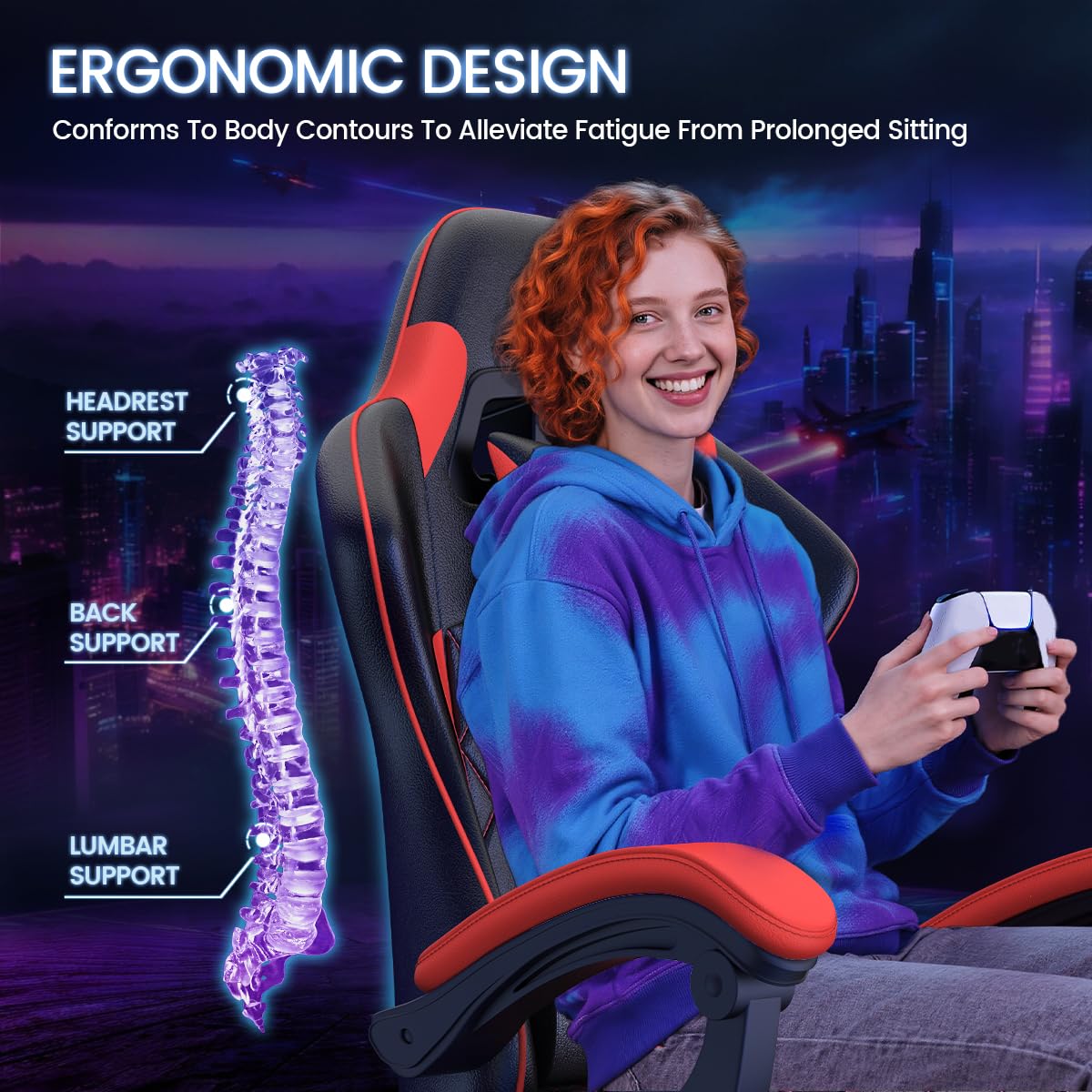 bigzzia Sedie Gaming, Sedie Gaming Ergonomiche con Cuscino Ventilato, Regolazione Angolo 90°-135°, Sedia da Gaming Schienale Alto con Supporto Testa, Ideale per Gaming, Studio e Ufficio (Rosso)
