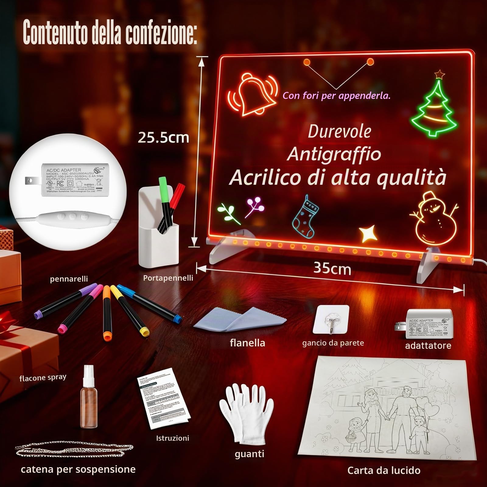 Ortizan Lavagna Luminosa per Disegnare, Lavagna Luminosa Bambini, 35x25 cm 13 modalità di luce, incluso adattatore, supporto e catena per appendere, Regalo Creativo per Fidanzata,Mamma,Papà Festività