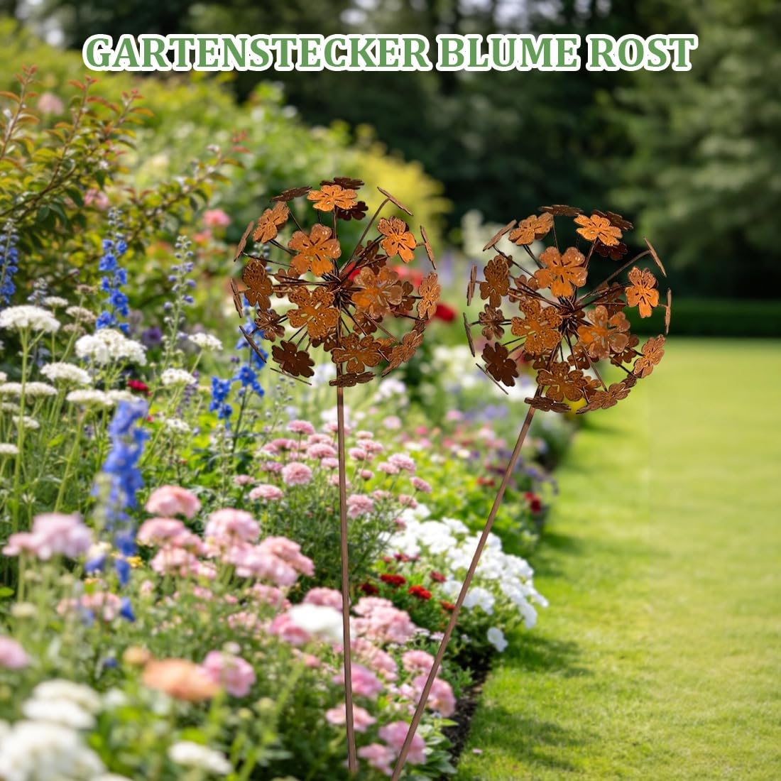 Lot de 2 bouchons de jardin en forme de fleur métal rouille naturelle décoration jardin jardin terrasse balcon jardin avant extérieur