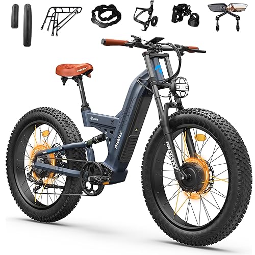 FREESKY 4000W Dual Motor Electric Bike for Adults, 48V 30AH Samsung Cells Battery 120Miles Range, 40MPH AWD Fast E-Bike, 26" Fat Tire Full Suspension Electric Mountain Bike, UL2849 Certified by TÜV