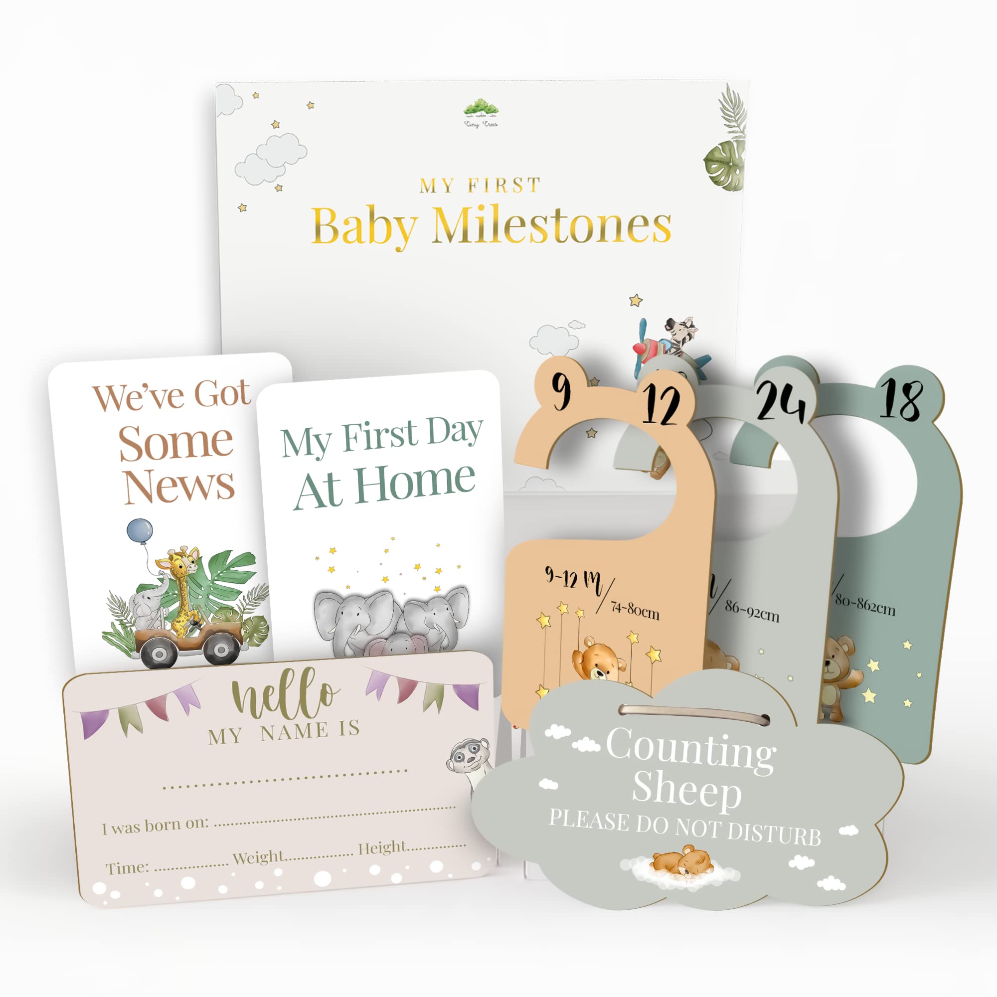 Tiny TreesTiny Trees Baby Milestone Gift Set - Premium Gifts and Keepsake Box - Milestone Cards, Closet Dividers, Welcome Plaque and Sleep Sign - Perfect New Born Baby Gifts for Parents