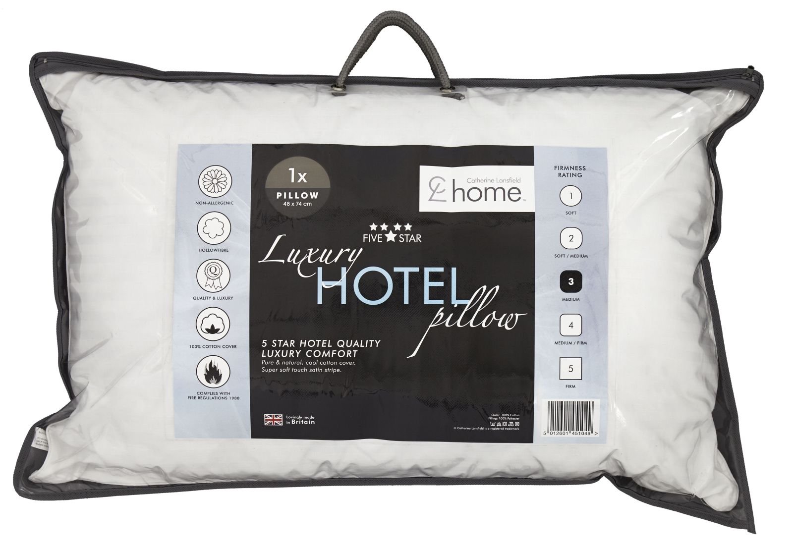 Catherine Lansfield Luxury Hotel 300 Thread Count Cotton Stripe Pillow - White - Medium Firmness