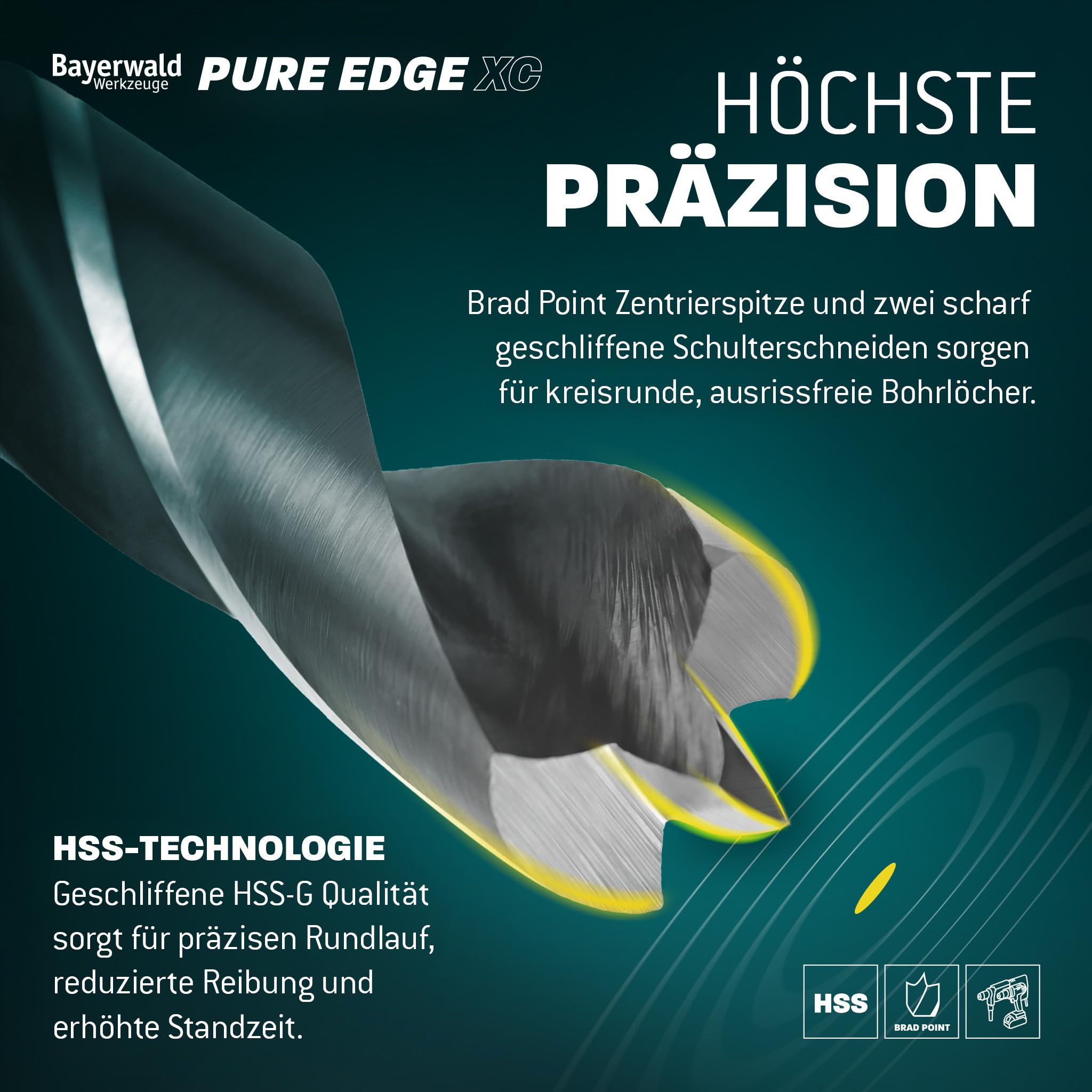 Set di punte per trapano HSS Pure Edge XC, 26 pezzi, 1 – 13 mm Bayerwald Tools – Xtra Clean con punta di centraggio Brad Point & svasatore conico – fori senza schegge in legno morbido/duro e materiali