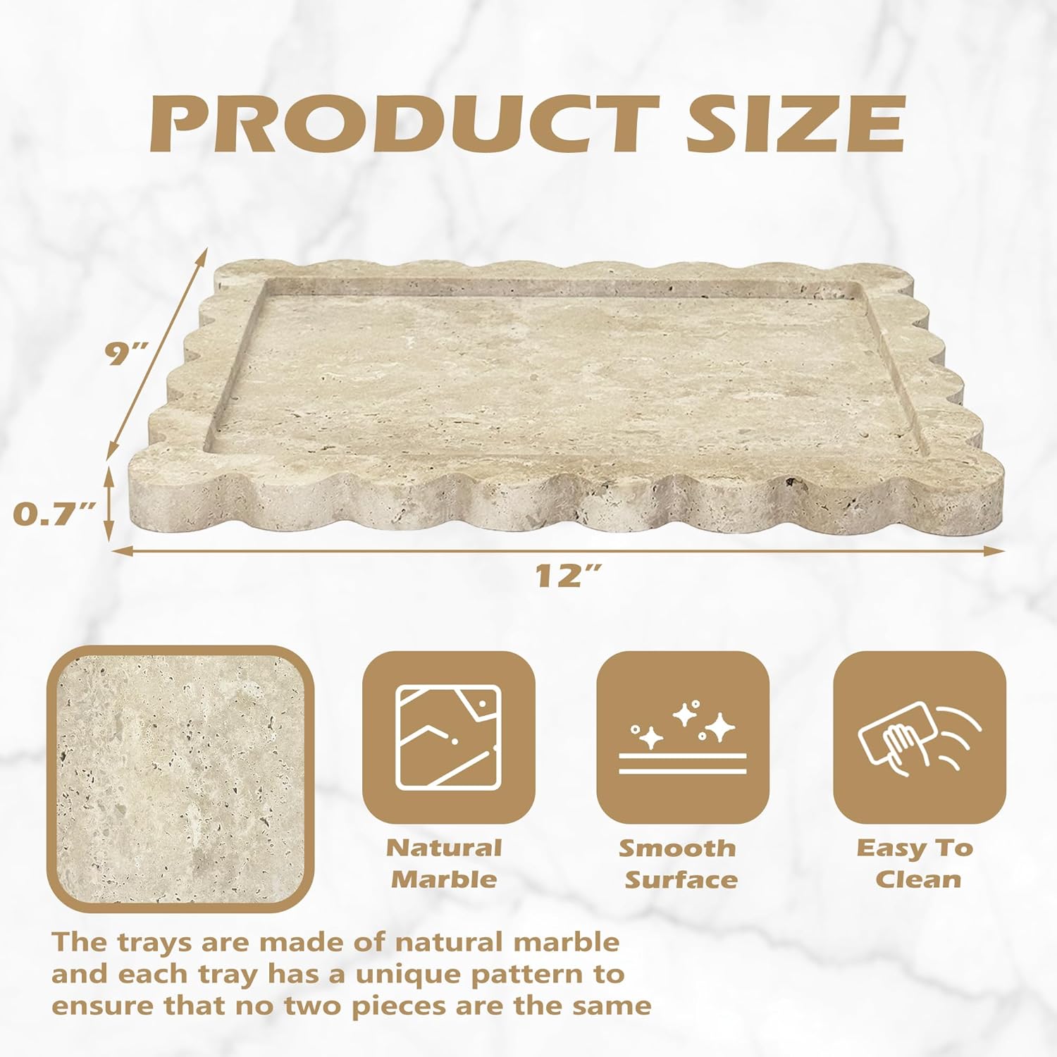 Prolee Scalloped Marble Tray,Marble Vanity Trays for Bathroom 12" x 9", Scalloped Tray,Wave Appearance Jewelry Home Decor Stone Trays for Kitchen Counter, Bathroom, Beige Travertine