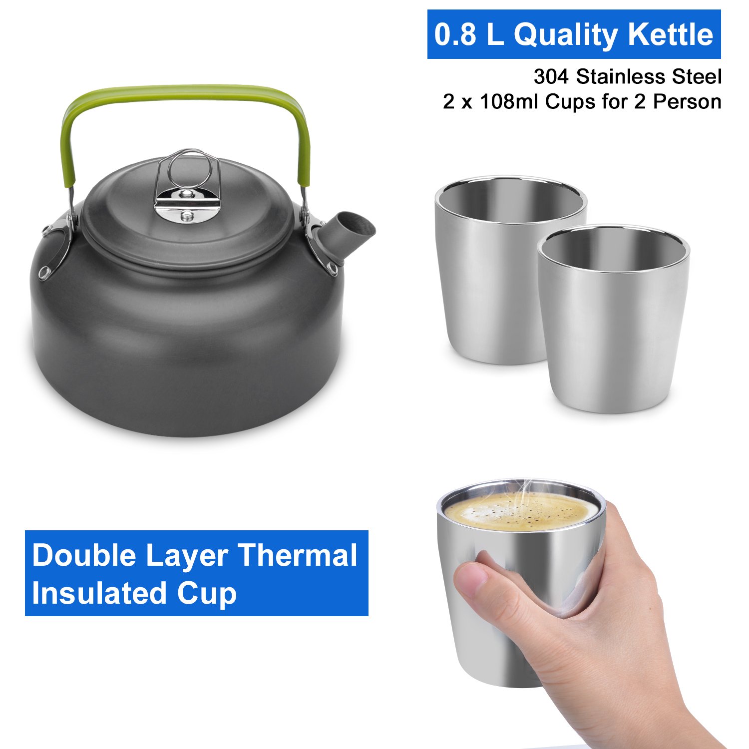 Odoland Geschirr-Set für 1-2 Personen, Kochset mit tragbarem Aluminiumtopf Teekessel Tassen faltbares Besteck, für Camping Outdoor Picknick Wandern