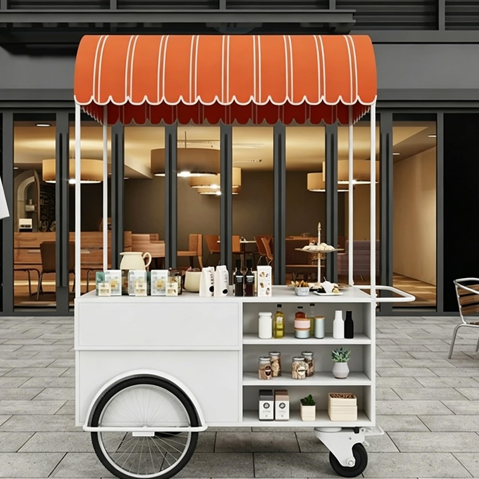 Professioneller Verkaufswagen, Mobiler Imbisswagen mit Gestreiftem Vordach, Verkaufsstand mit Ausstellungsfläche, Mehrstöckiges Regal, für Märkte, Veranstaltungen, Cafés(White)