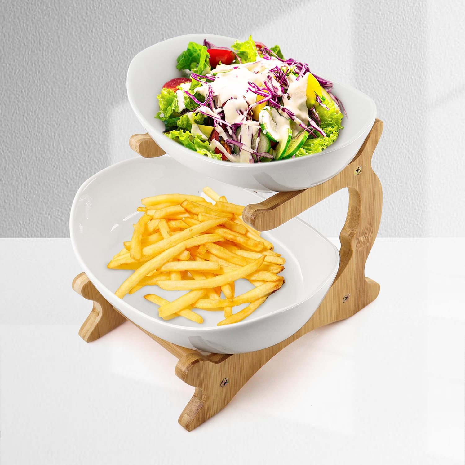 Tierd Serving Bowl Set Porcelain Chip and Dip Serving Set 2 Tier Serving Stand Ceramic Appetizer Serving Food Display Stand for Parties, Serving Dishes for Entertaining