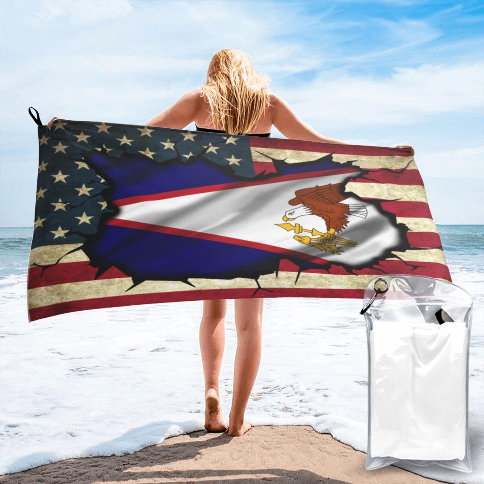HACXZ Vintage America Flag and Samoa Flag Absorbent Beach Towel Microfiber Beach Towel Lightweight 31.5"X63"