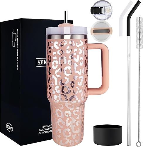 Vaso de 40 onzas con asa y tapa con pajilla, botella de agua metálica de acero inoxidable Quencher con aislamiento grande, con tapa a prueba de