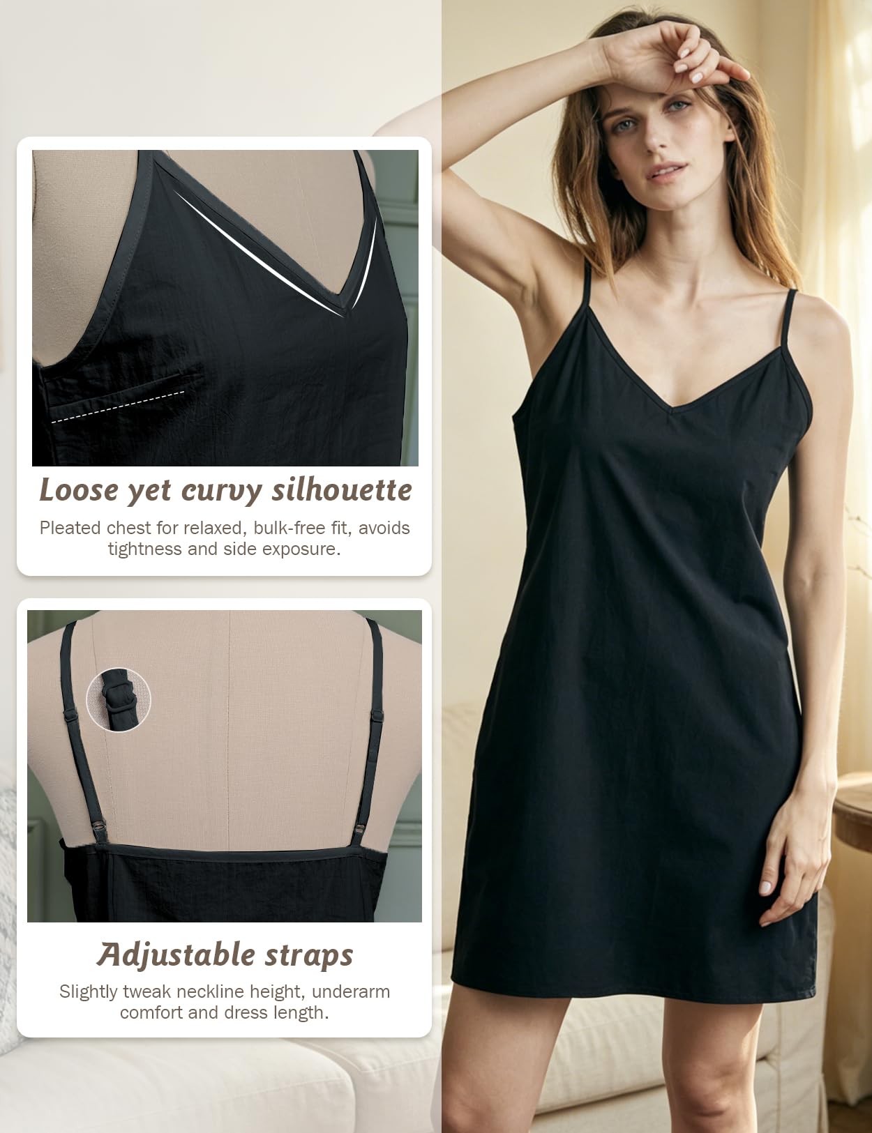 BEAUTELICATE Abitino Sottoveste Donna 100% Cotone Vintage Sottogonna Camicia da Notte Scollo a V Spalline Regolabili Sexy Lingerie Elegante Avorio Nero Nude