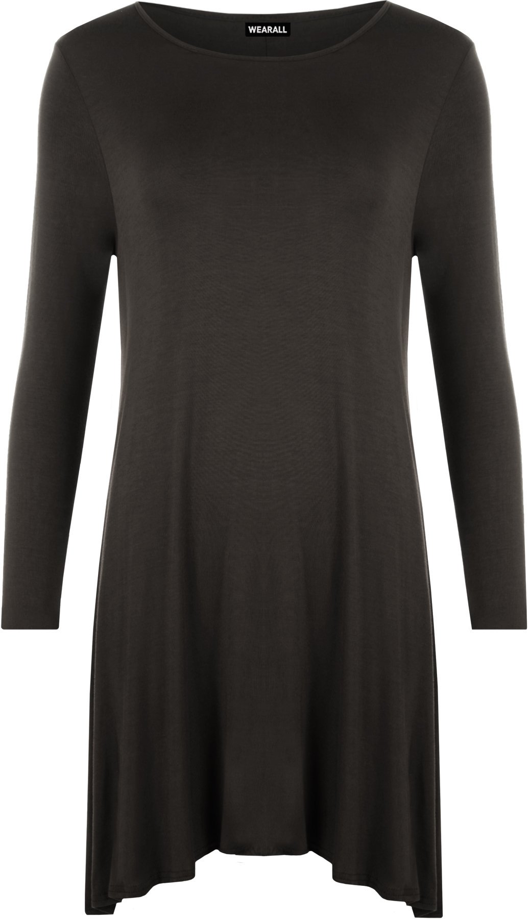 Wearall Women's Dark Brown Plus Size Plain Long Sleeve Stretch Swing Dress Top - 20-22