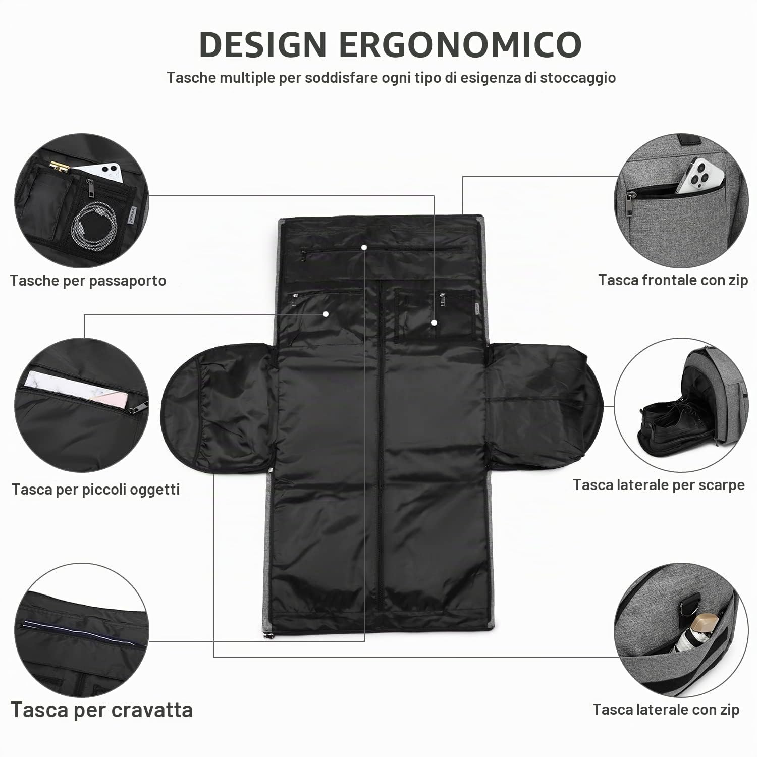 Borse per indumenti, borsa per indumenti con ruote, borsa per indumenti da viaggio con scomparto per scarpe, borsone con ruote
