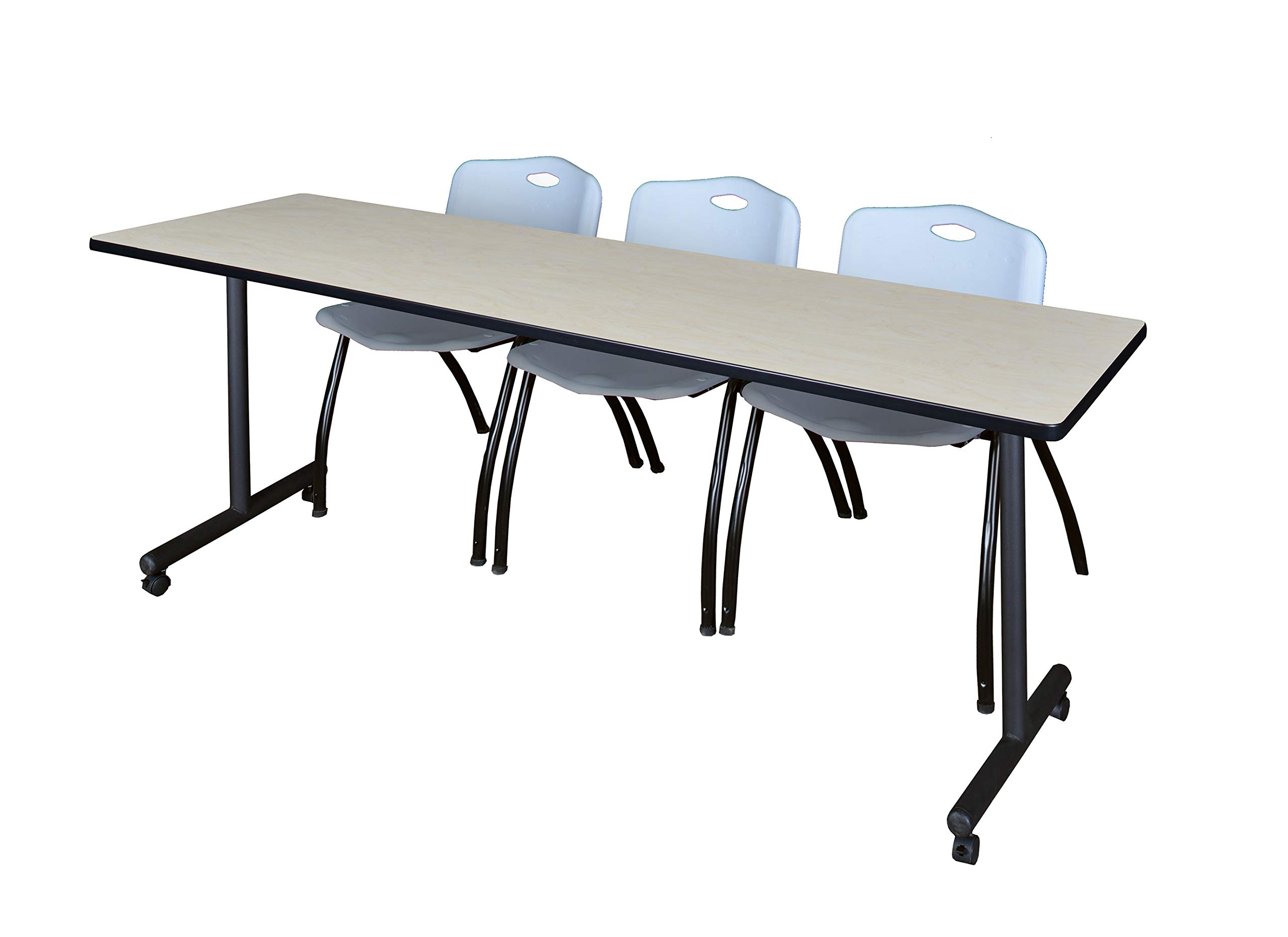 Romig Axis-Pro 84 x 24 in. Mobile T-Base Training Table- Maple, 2 M Stack Chairs- Grey