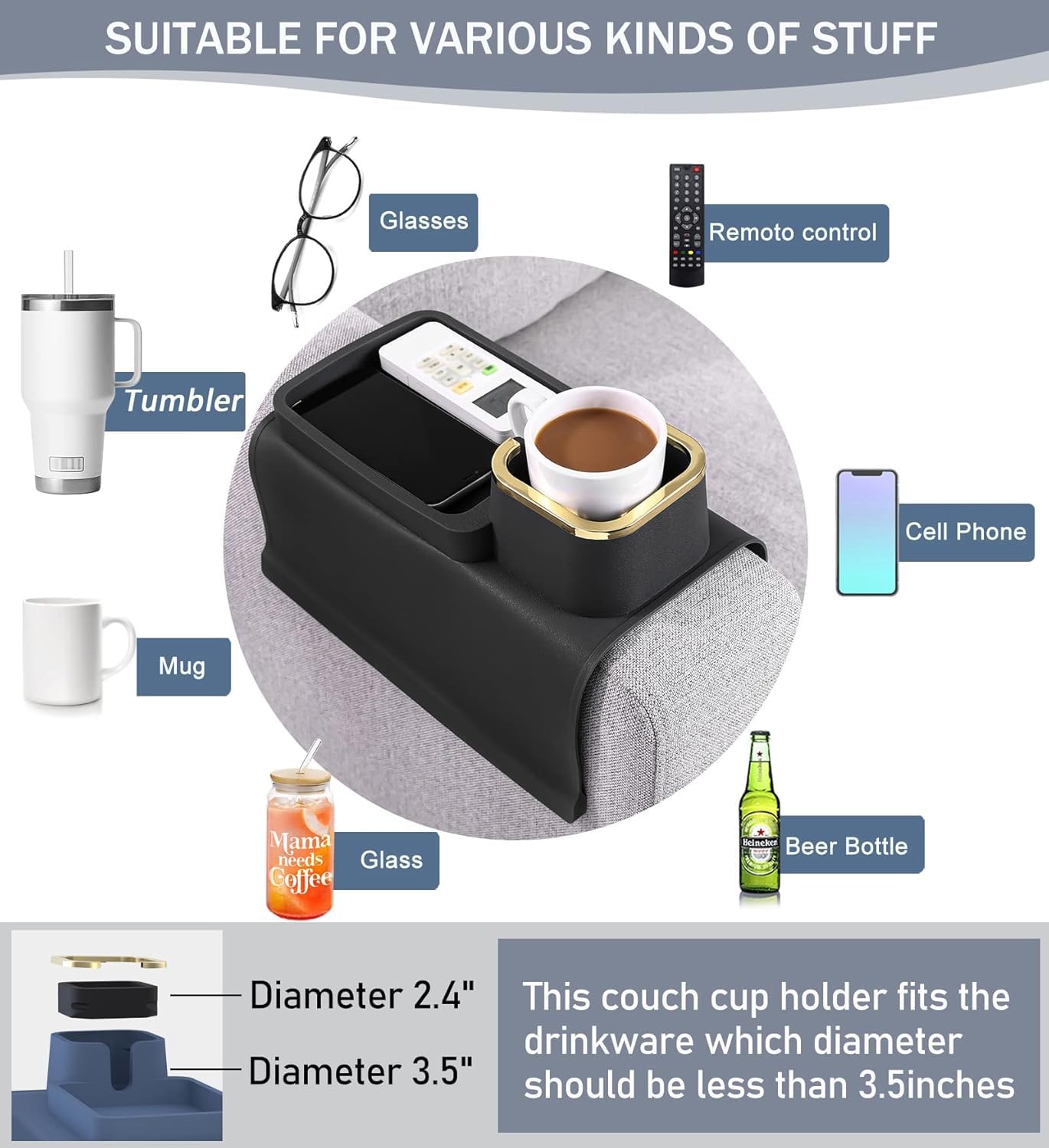 Brikipth Couch Cup Holder Tray, Silicone Sofa Armrest Tray Temperature Resistant & Anti-Slip Sofa Coasters Recliner Drink Holder for Remote Snack Cellphone, Mom, Grandma or Grandpa 2