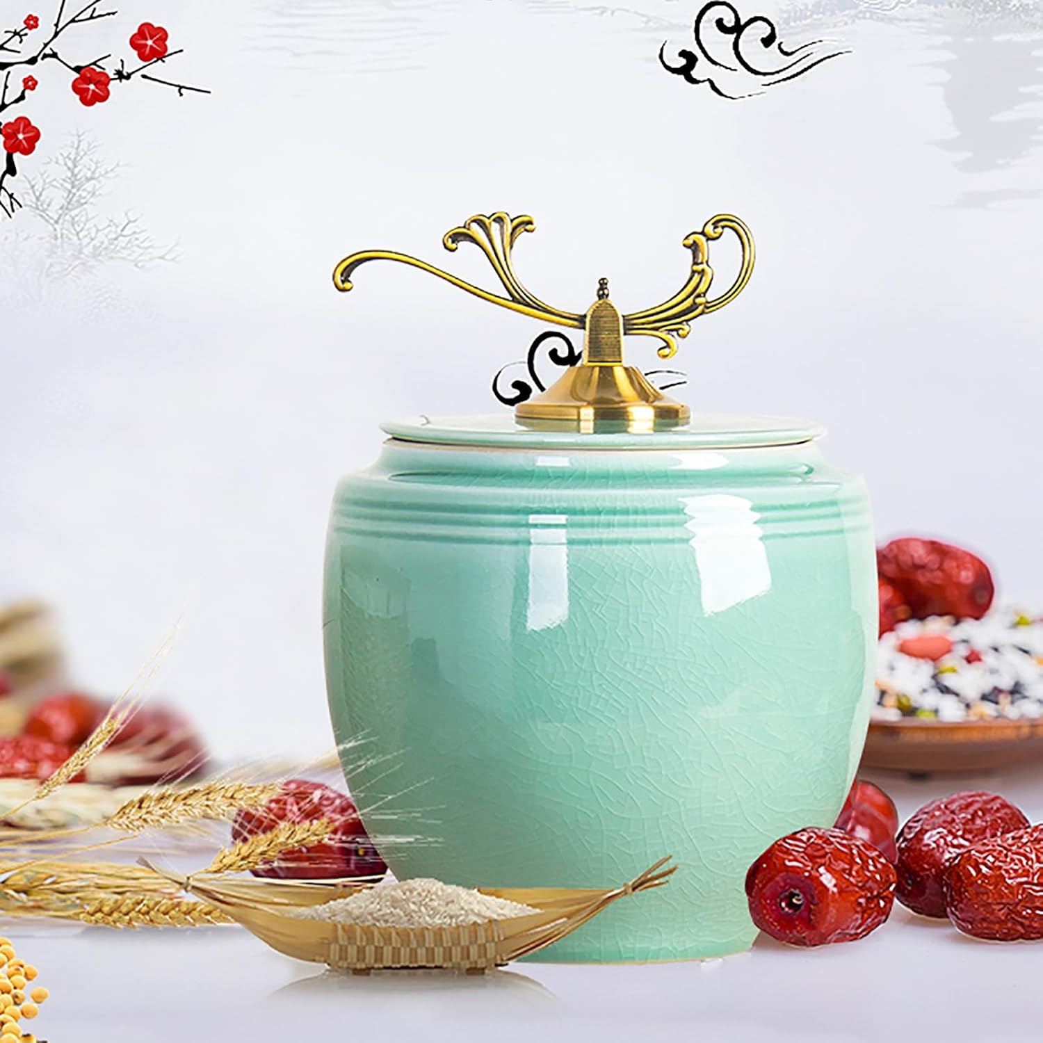 Ceramic Pot with Lid, Ceramic Rice Storage Containers, Ceramic Tea Barrels, Kitchen Organization for Food, Sealed Rice Storage Tank(A,Capacity 10kg)