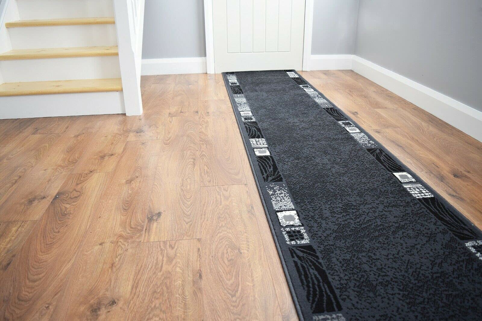 SrS Rugs® Luna Collection, Modern Long Carpet Runner Rug for Entrance Hall and Stairs. Smooth Soft 8mm Depth Pile. 70cm Wide. Any length (Grey Borders, Length: 13' (396cm)) — image 1