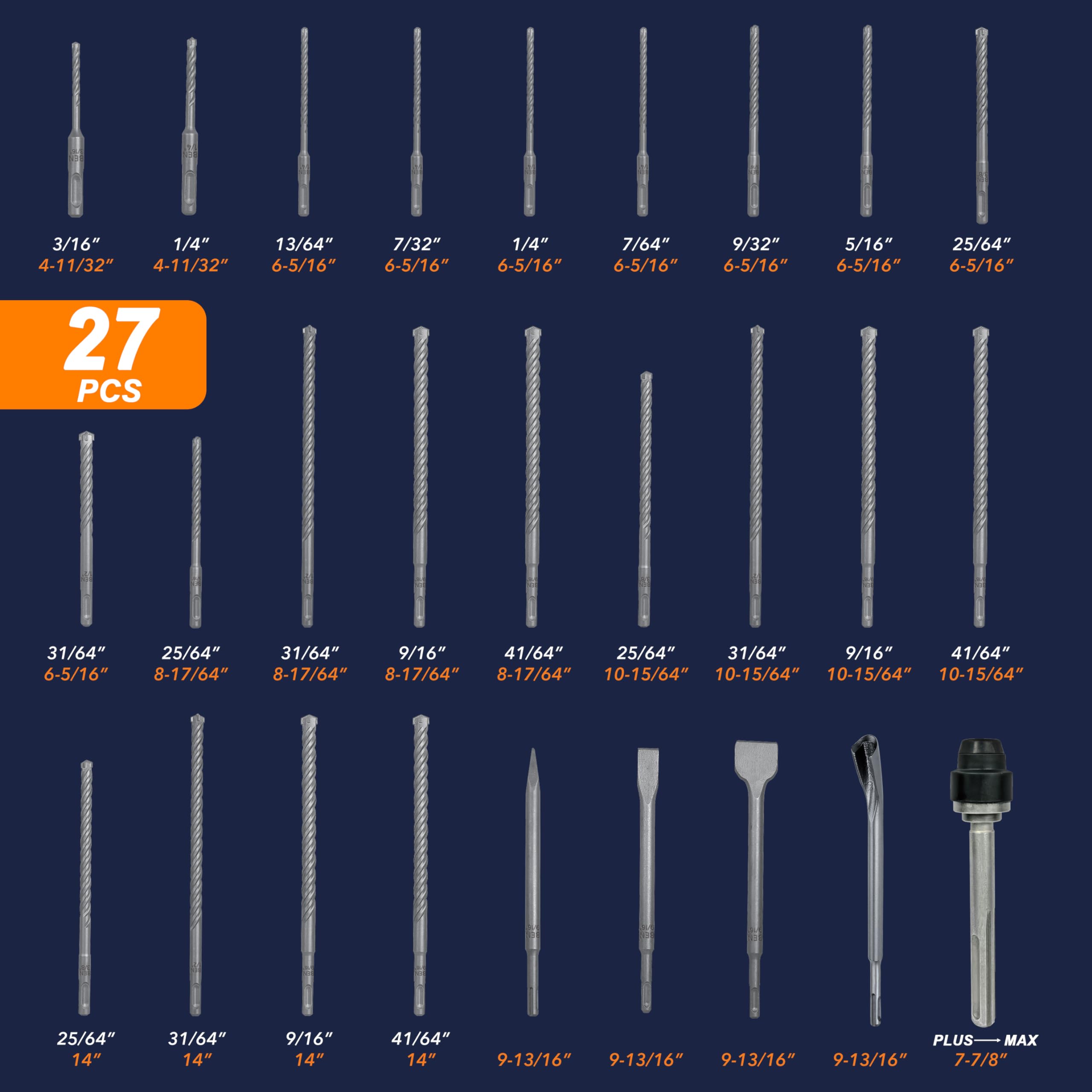 Juego de brocas y cinceles para martillo giratorio, SDS Plus, 27 piezas, herramienta de agujero para mampostería de hormigón con estuche de almacenamiento para hormigón, piedra, ladrillo