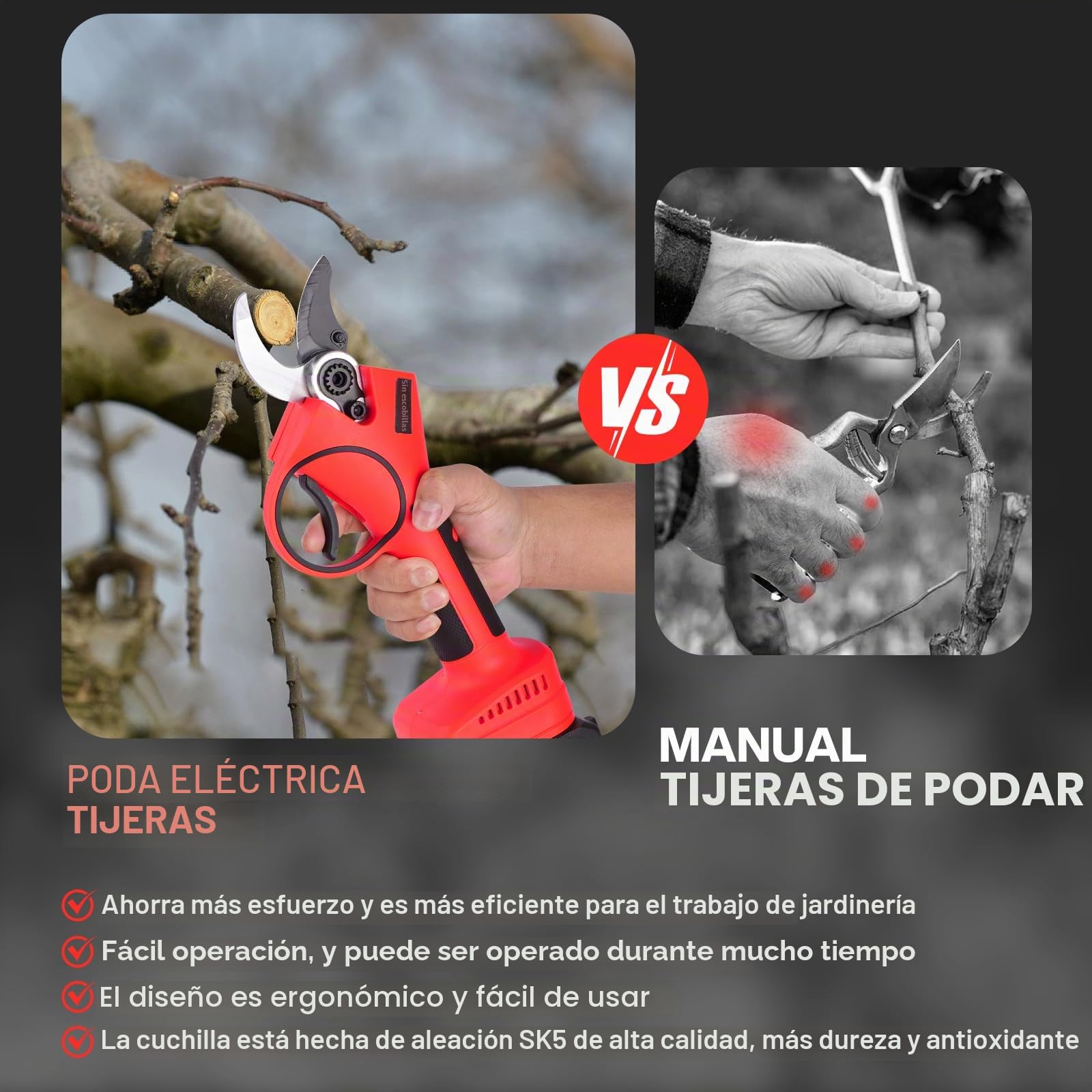 Tijeras de Podar Eléctricas 40 mm, Tijeras de Podar a Batería Profesionales con 2 Baterías de 2000 mAh, Podadora Eléctrica Inalámbrica para Jardín, Huertos, Parques, Olivos, Viñas y Manzanos