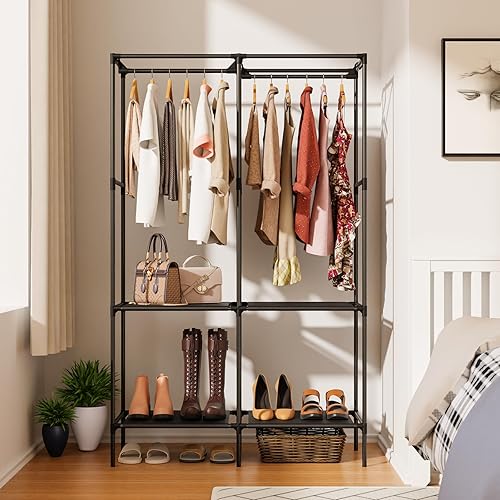 Miniatura 2 de Armario portátil, armario con 4 estantes y 2 varillas para colgar, perchero independiente para dormitorio, organizador de almacenamiento para colgar