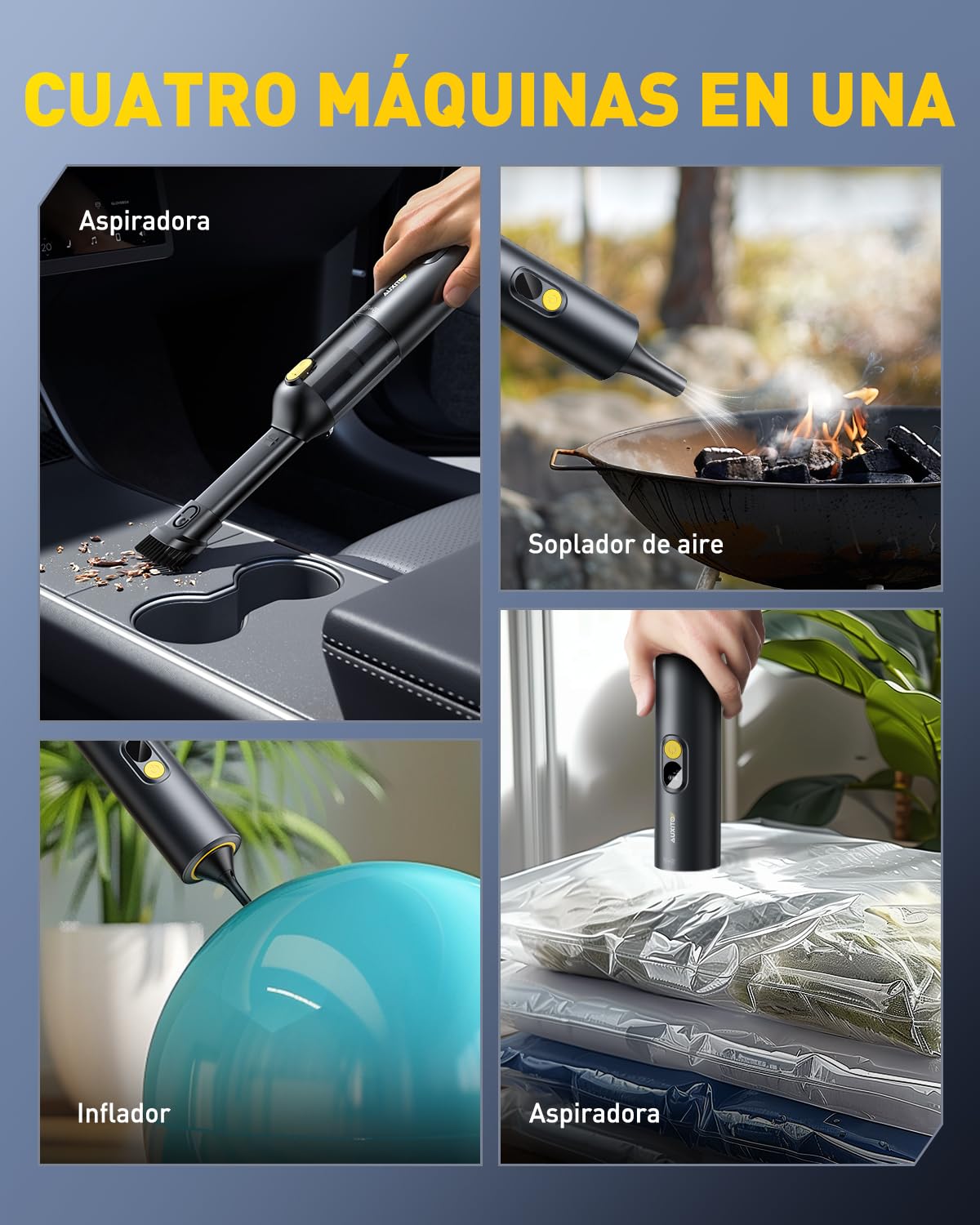 AUXITO Aspirador de Mano - Aspirador Coche de 24000 Pa, Autonomía de 30 Minutos,4 en 1, Recargable, Portátil y Ligero, Mini Aspiradora Potente para Coche, Hogar, Oficina y Pelo de Mascotas(Prieto) | Aspirador de coche inalámbrico, carga USB-C, aspiradora