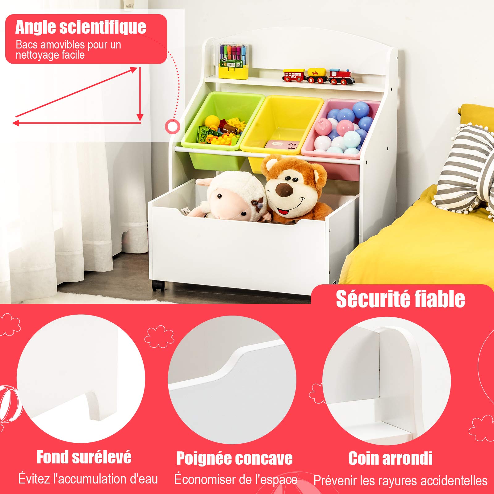 COSTWAY Coffre à Jouet Enfant avec 3 Bacs et 1 Tiroir à roulettes, Meuble Rangement Jouet en Bois avec Espace de Stockage, Design Moderne pour Jouets et Livres, 63,5 x 38 x 76,5CM