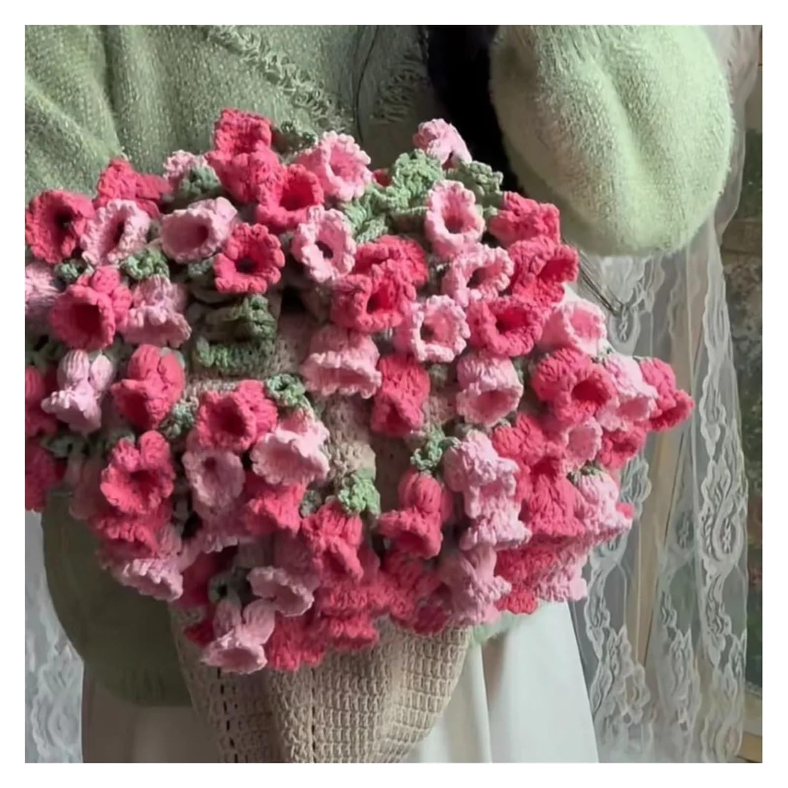 TRRYUIP Bouquet Blanket Creative 60cm Flower Bouquet Blanket Finished Product Crocheted Sunflower Valley Blankets(Three-color pink)