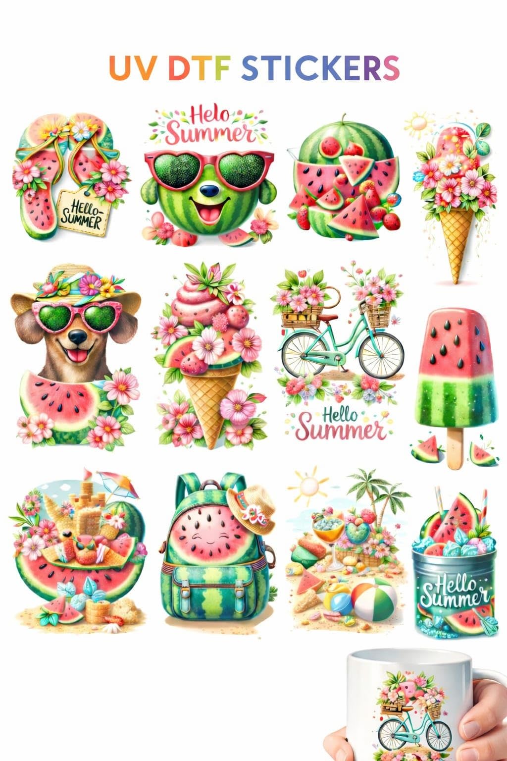 UV DTF Cup Wraps Transfer Sticker, Hello Summer Watermelon Theme, Waterproof, 6.35x6.35 cm, Pack of 12