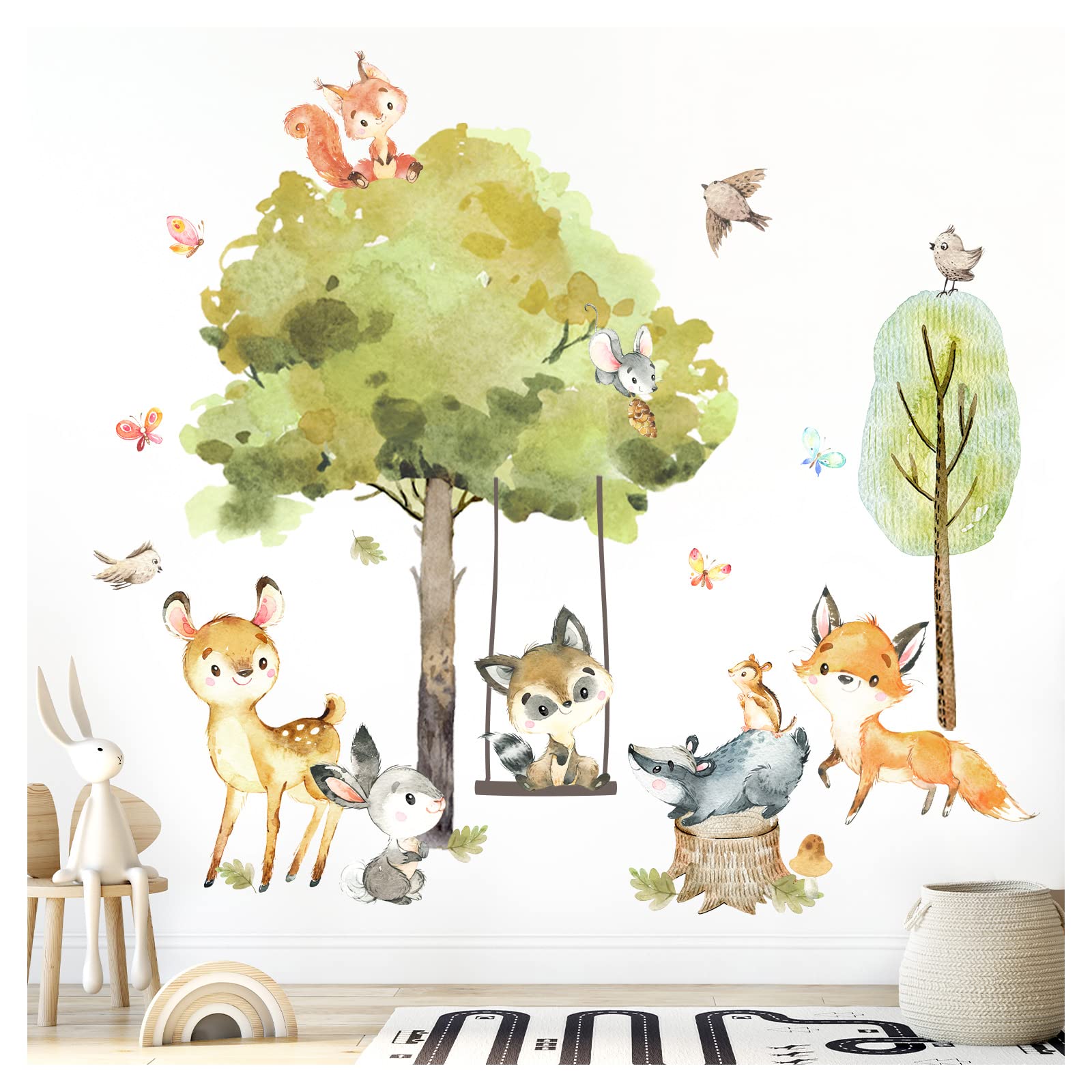 Grandora Wandtattoo Wandsticker Kinderzimmer Waldtiere Bäume Wandaufkleber Wanddeko Fuchs Sticker Babyzimmer REH Spielzimmer Hase Wandbild Kinder Aufkleber DL762-4