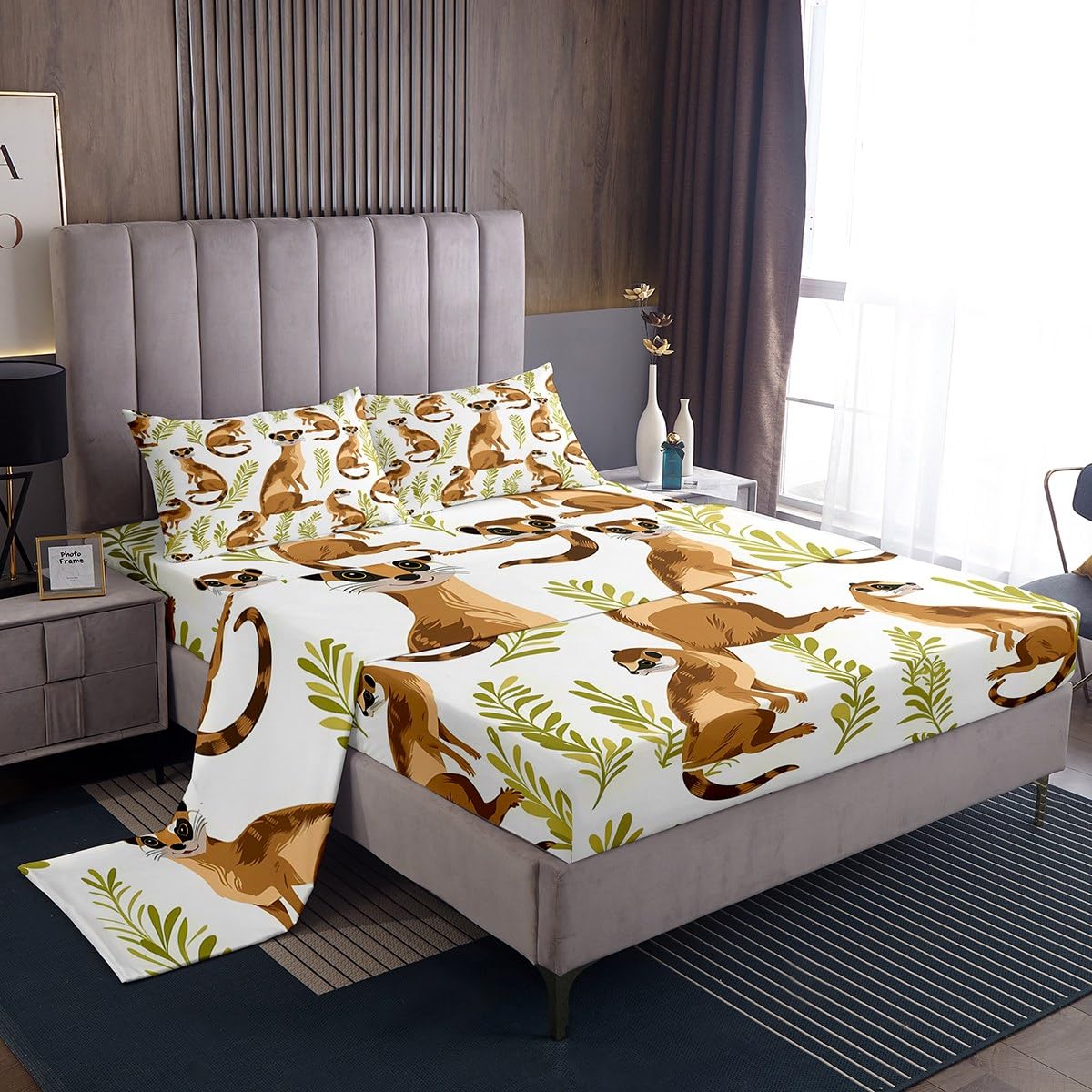 jejeloiu Cartoon Meerkat Fitted Sheet Twin Size Wild Animal Bed Sheets Set for Kids Boys Girls Decor Jungle Wildlife Tropical Leaves Nature Bedding Set Breathable Soft Lightweight Bedroom Decor 3Pcs