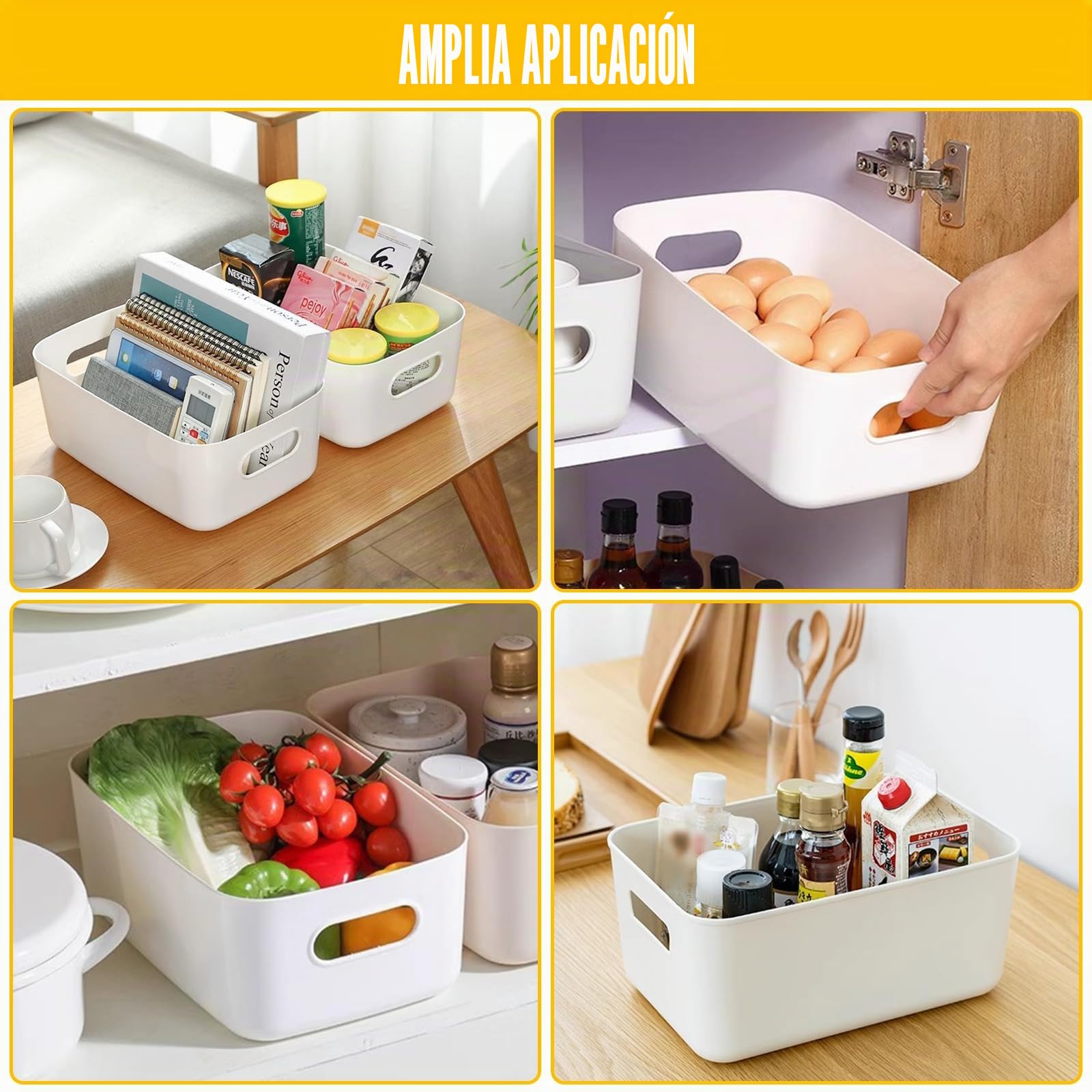 SHUESS 10 cajas de almacenamiento de plástico, 30 x 20 x 12,5 cm, grandes cestas blancas, cajas de almacenamiento, cajas organizadoras de plástico con asa, caja de plástico apilable para cocina