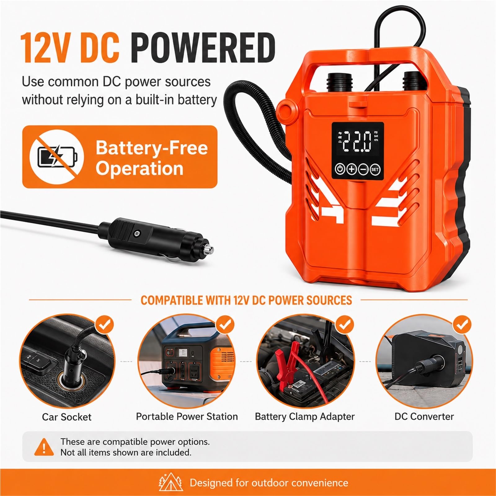 Pompka elektryczna do deski SUP 22PSI 12V LCD dwustopniowa AP-883L | Zasilanie 12V, 8 wymiennych dysz, do desek SUP i pontonów, ekran LCD, automatyczne wyłączanie