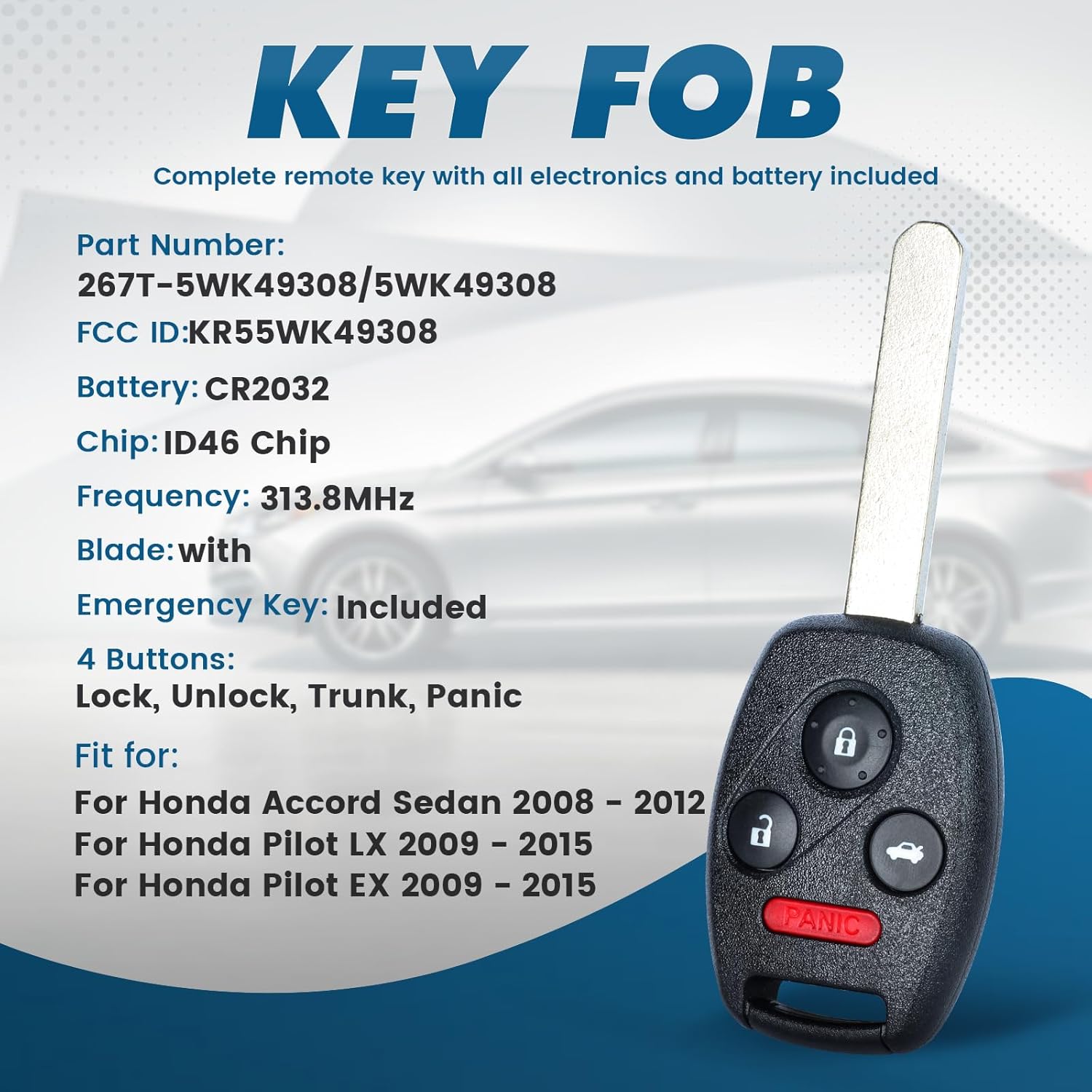 Keyecu Replacement Smart Remote Car Key Fob for Honda Accord Sedan 2008-2012 Pilot LX EX 2009-2015 KR55WK49308 267T-5WK49308 5WK49308 313.8MHz ID46 Chip 4Buttons