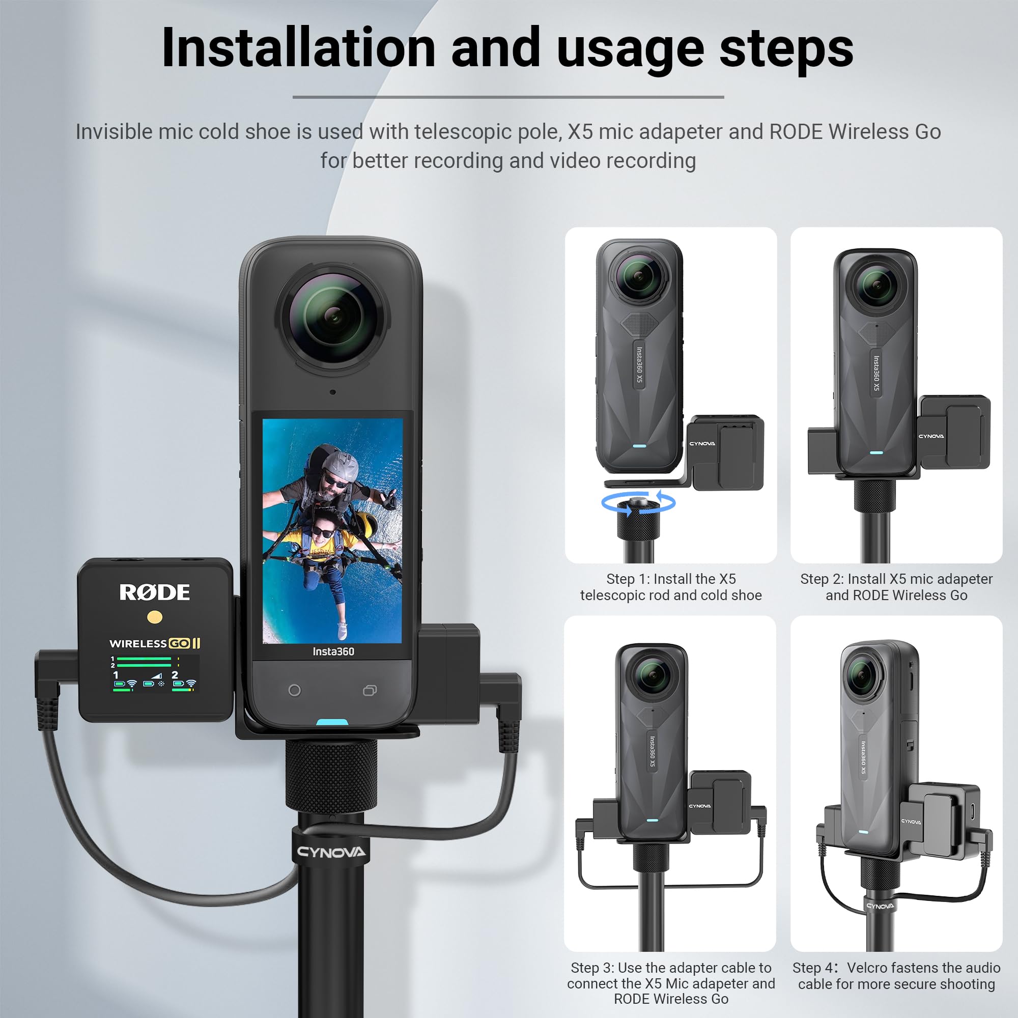 CYNOVA Cold Shoe for Insta360 X5, RODE Wireless GO Microphone