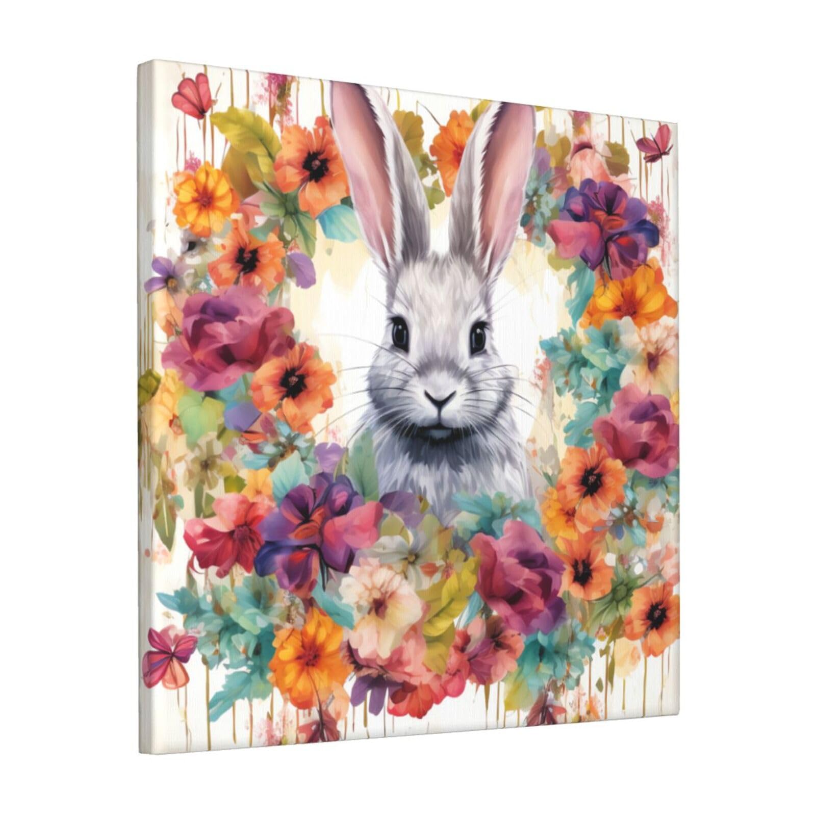 KLOPH Watercolor rabbit and flowers Canvas Wall Art for Living Room 12"x12" Modern Artwork Painting for Bathroom Hanging Canvas Prints Aesthetic Wallart for Bedroom Kitchen Office Wall Decor