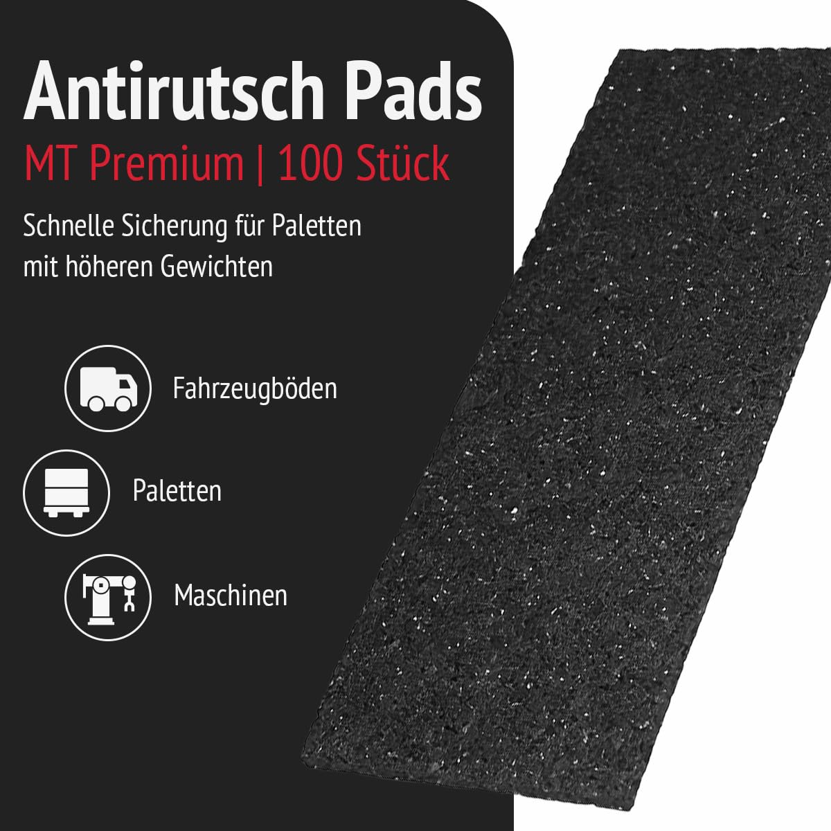 Anti-Rutsch-Pad | 100 Pads aus PU-gebundenem Gummigranulat, geprüft nach VDI-Richtlinien | Druckfestigkeit bis 300 Tonnen/m²; Größe: 200x100x8mm; Farbe: schwarz meliert