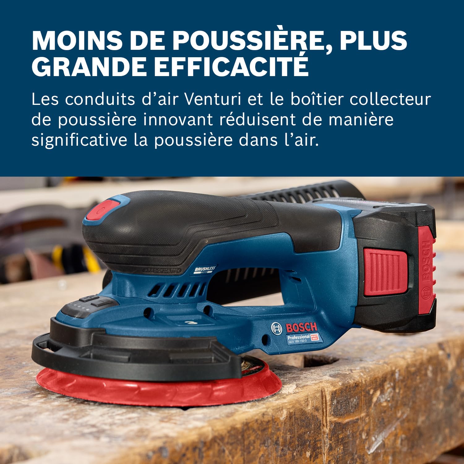 Bosch Professional 18V System ponceuse excentrique sans-fil GEX 18V-150-3 (avec 1 disque abrasif, 1 boîtier collecteur de poussière, 1 capot de protection, L-BOXX 162, sans batterie ni chargeur)
