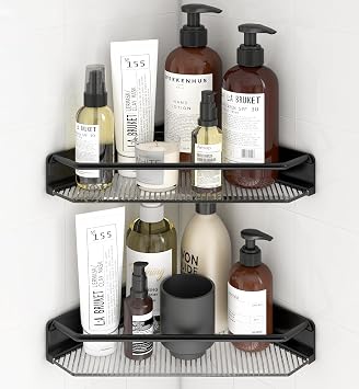 Corner Shower Caddy, 2 Pack Adhesive Bathroom Shelves,Acrylic Shower Shelf Rack, No Drilling Bathroom Organizers and Storage Racks,Black