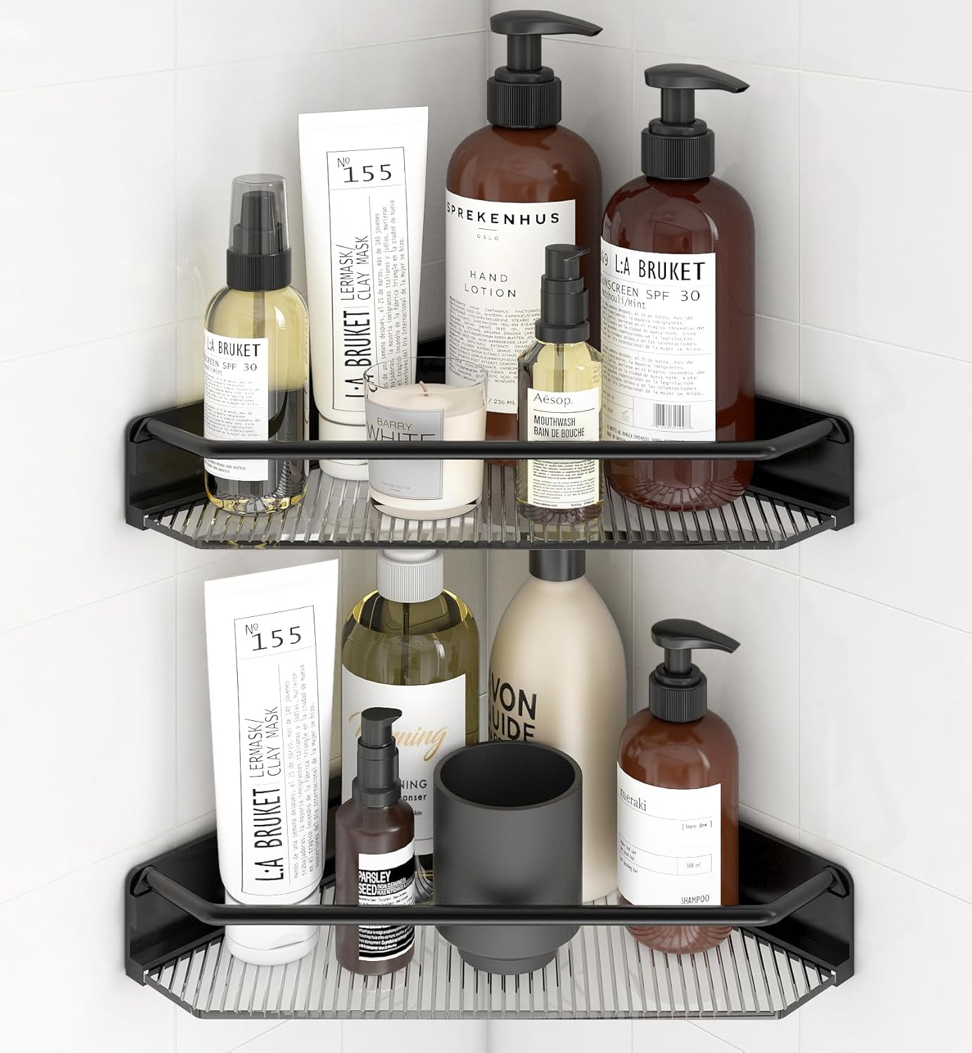 MEAJIO Corner Shower Caddy 2 Pack Adhesive Bathroom Shelves Acrylic Shower Shelf Rack No Drilling Bathroom Organizers and