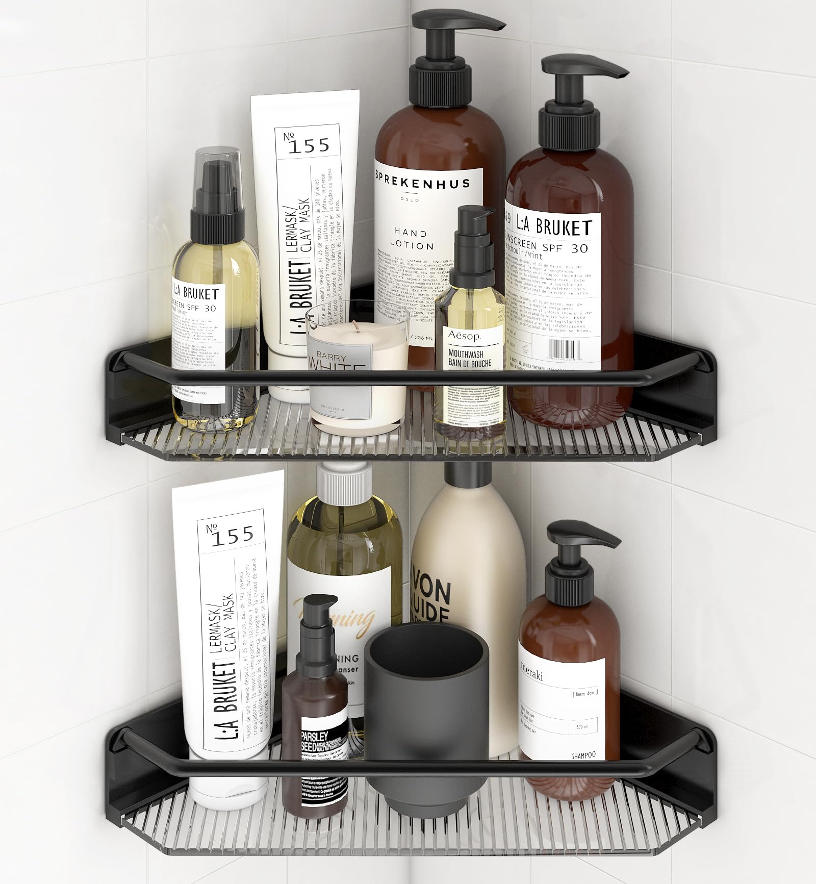 MEAJIO Corner Shower Caddy 2 Pack Adhesive Bathroom Shelves Acrylic Shower Shelf Rack No Drilling Bathroom Organizers and