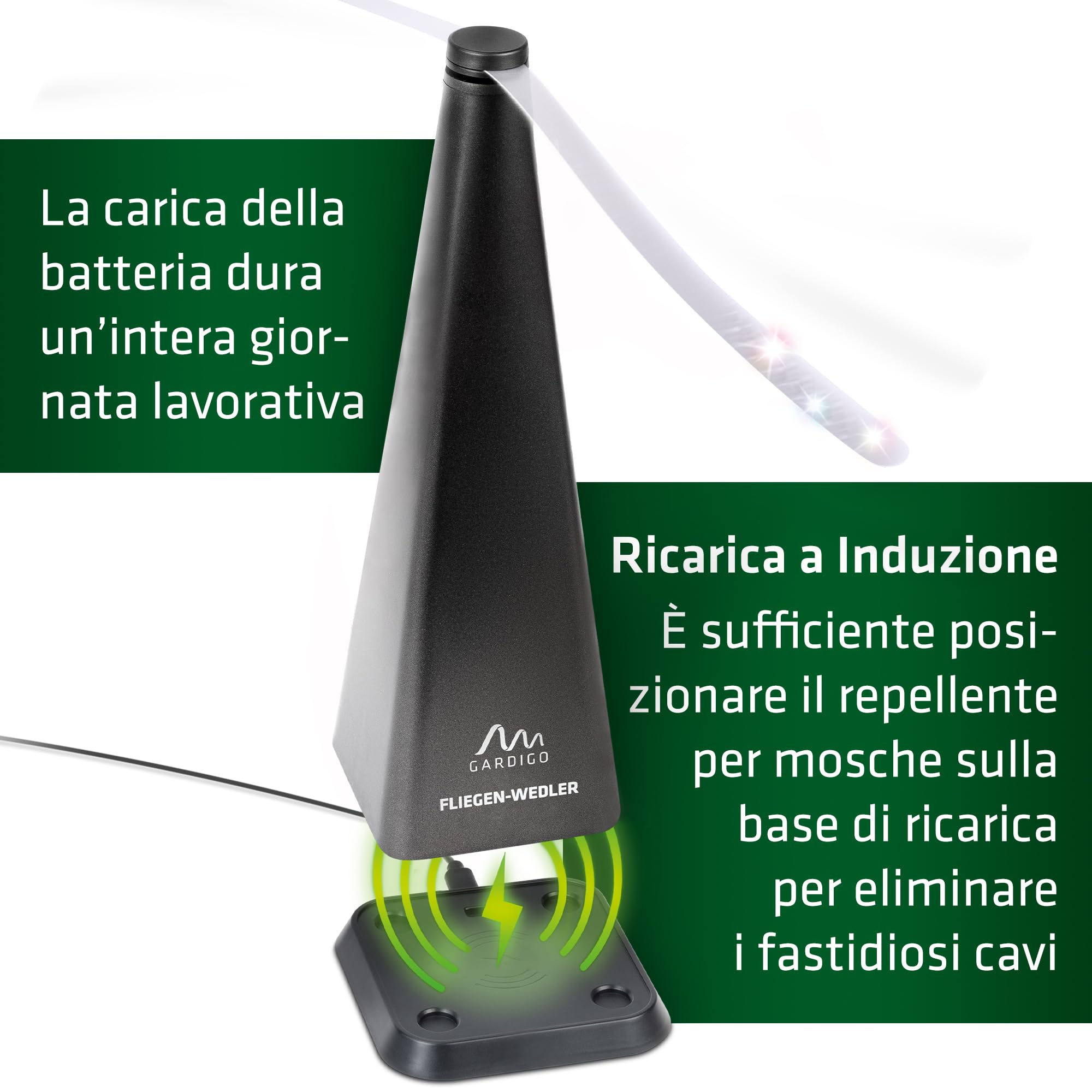 GARDIGO® 2x Repellente Mosche Professionale | con Base per Ricarica USB | Scaccia Mosche da Tavolo, Cibo | per Casa, Giardino, Ristoranti, Hotel, Catering | Ventilatore Anti Mosche | Esterno, Interno