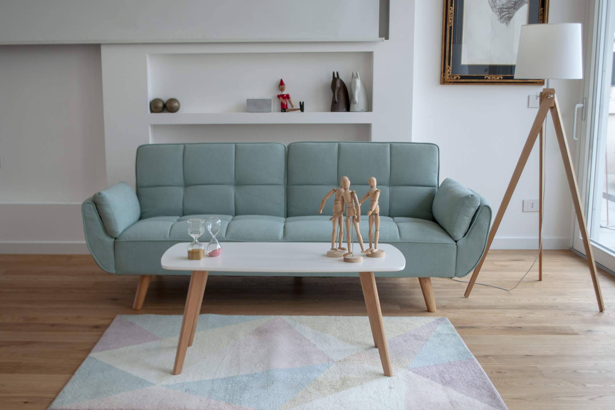 SAMIRA Divano Letto clic clac in Tessuto Verde Tiffany - Divano 3 posti mod. Ambra piede legno naturale