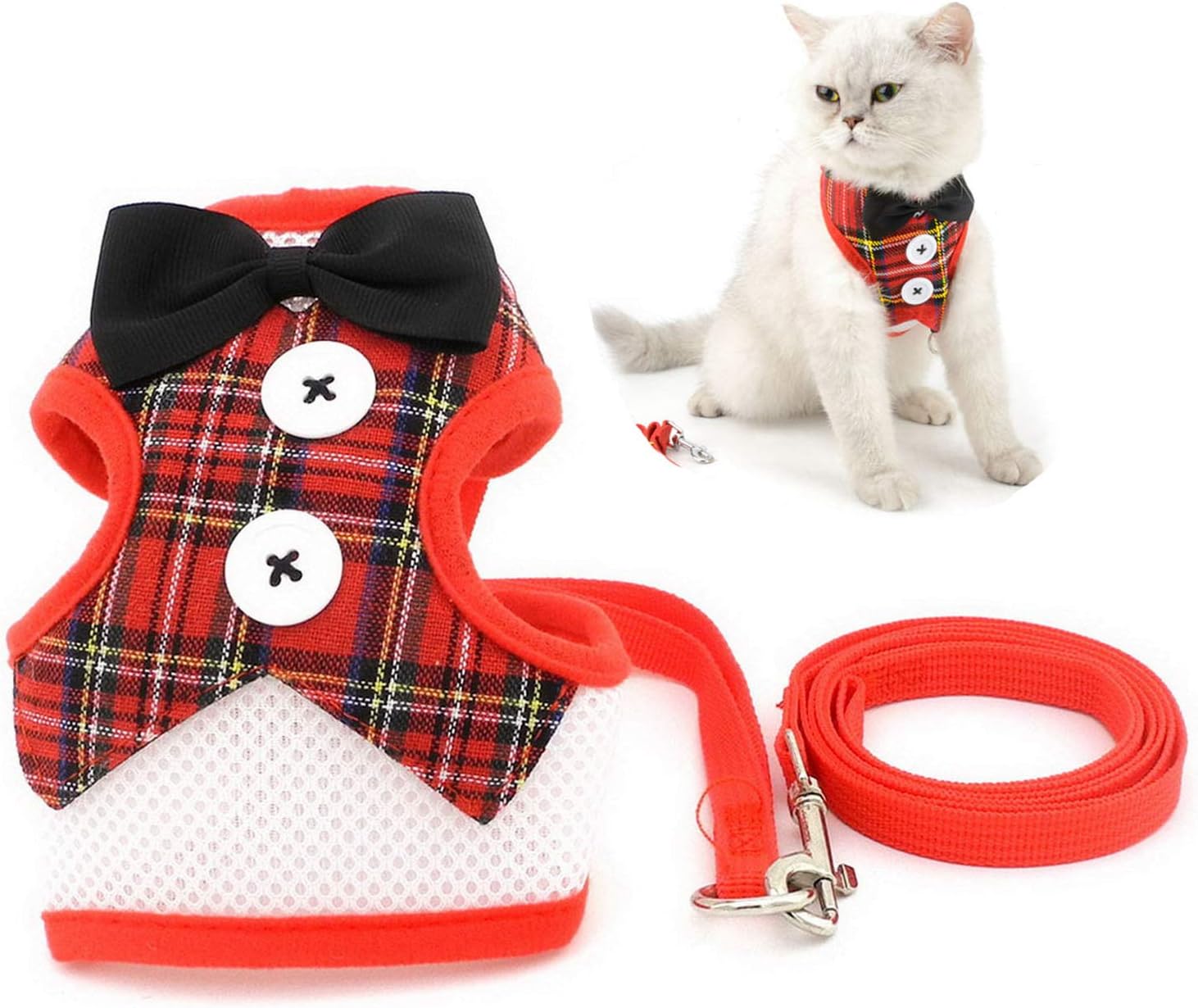 Zunea 猫ハーネス ベスト 輸入 胸あて式 牽引ロープ おしゃれ 犬用 ハーネス 可愛い 蝶結び チェック柄 胴輪 通気性 簡単着脱 調節可能 首輪 子犬 小型犬 かわいい S 散歩用 ペット レッド