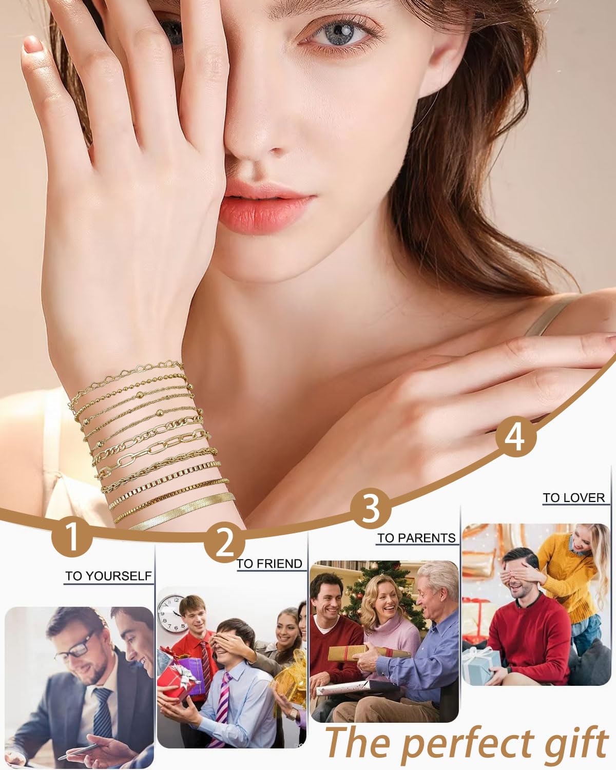 11pcs Delicado brazalete para mujer, Pulsera Mujer Acero Inoxidable Pulseras en Oro de Cadena de Serpiente Pulsera Ajustable Apilables Pulseras para Mujer, Simple y Filigrana, Oro — view 6