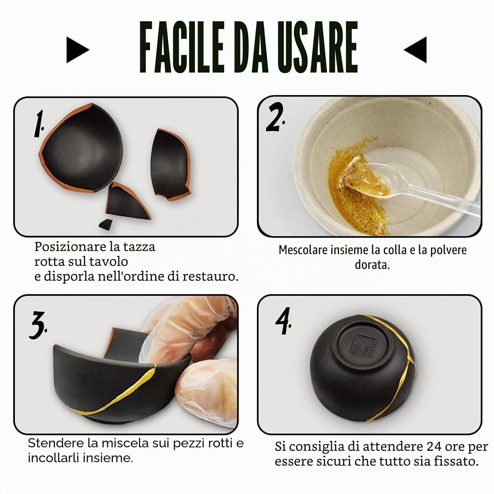 Kintsugi Kit, Kit per Kintsugi di Riparazione D'oro per Riparare le tue Ceramiche con Polvere D'oro e Colla e Mastice Epossidico, Kintsugi Repair Kit Perfetto per Principianti