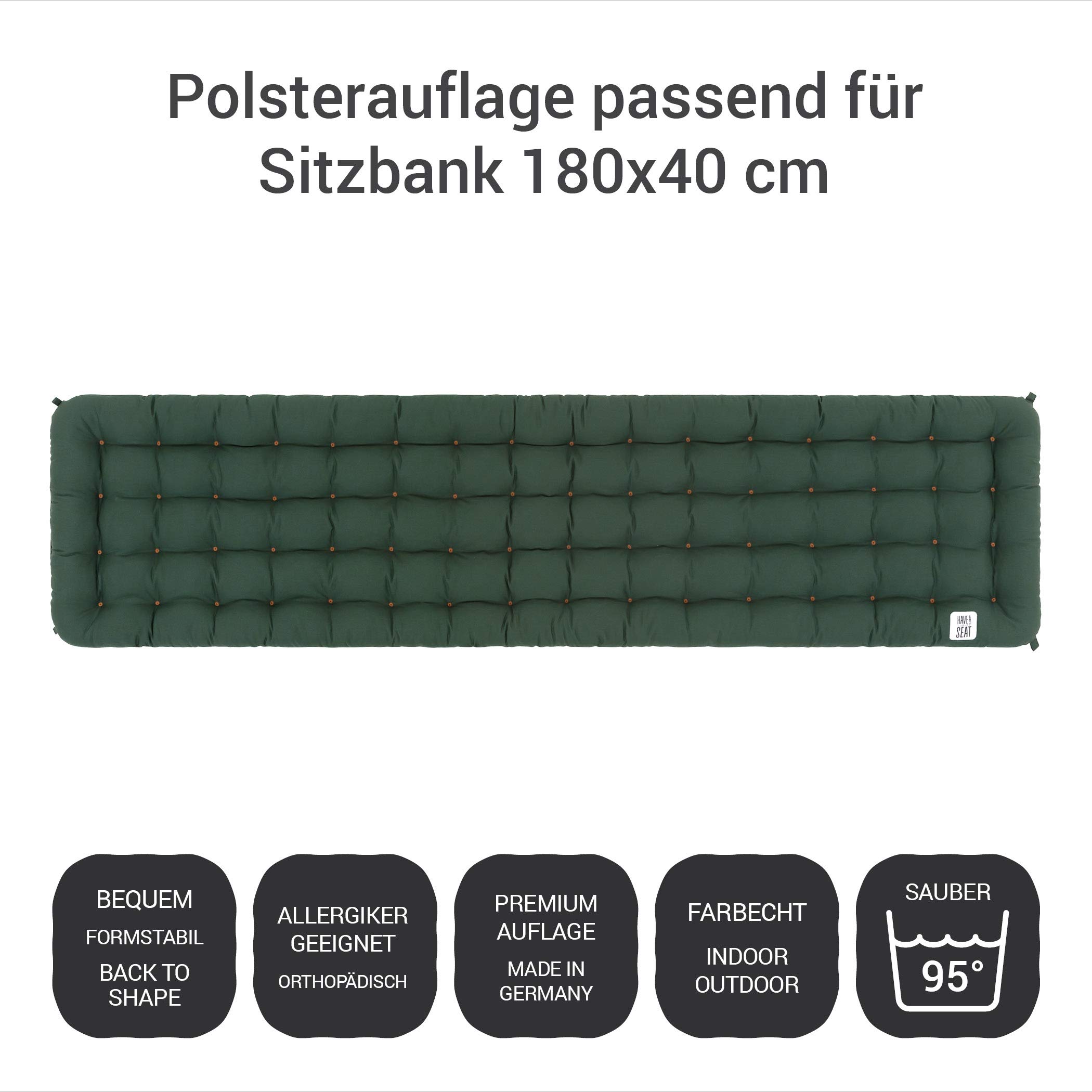 Poduszka na ławkę, wygodna poduszka do siedzenia – ortopedyczna nakładka na siedzisko, nadaje się do prania w temperaturze do 95°C, wyprodukowano w Niemczech (zielony mech, 180 x 40 cm)